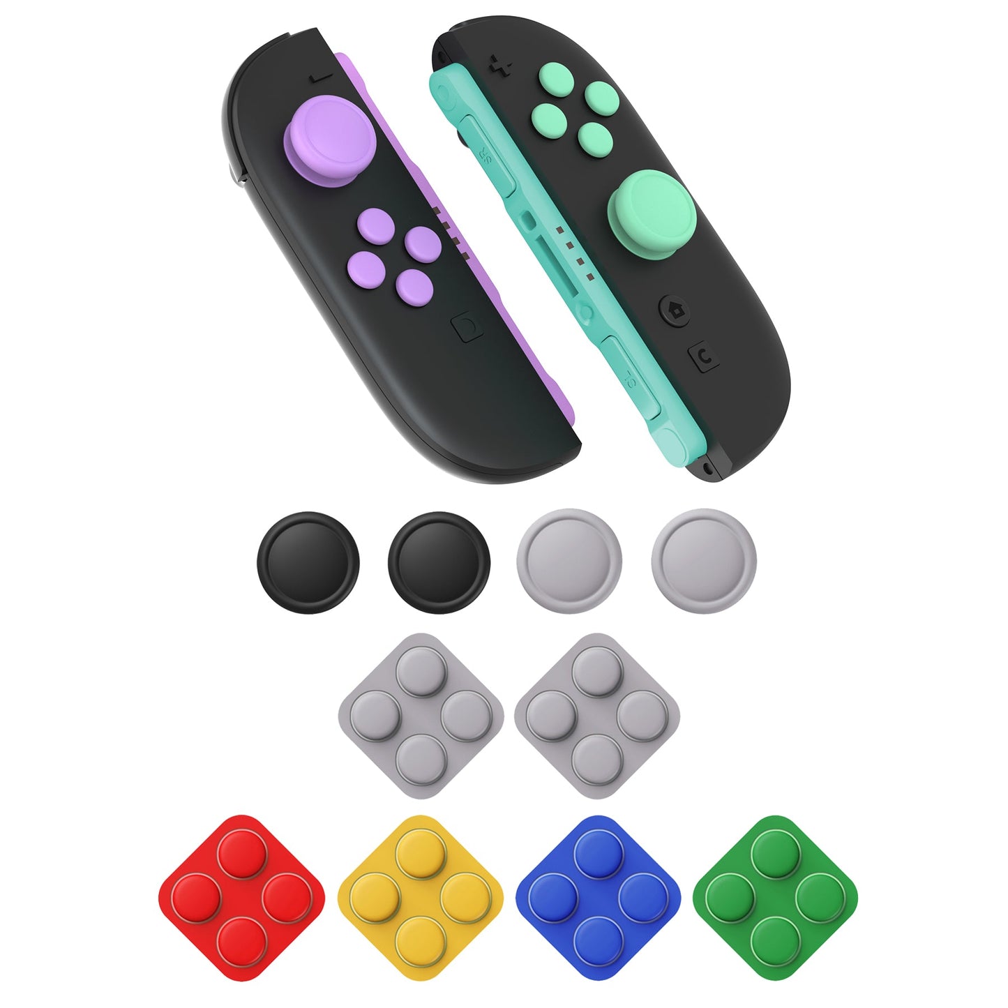 PlayVital Silicone Button Covers and Thumb Grip Set for Nintendo Switch 2 (2025), 8 Pcs Colorful ABXY Directional Button Caps & 4 Joystick Caps for Joycon 2 - Soft Violet & Mint Green & Black & Gray PlayVital