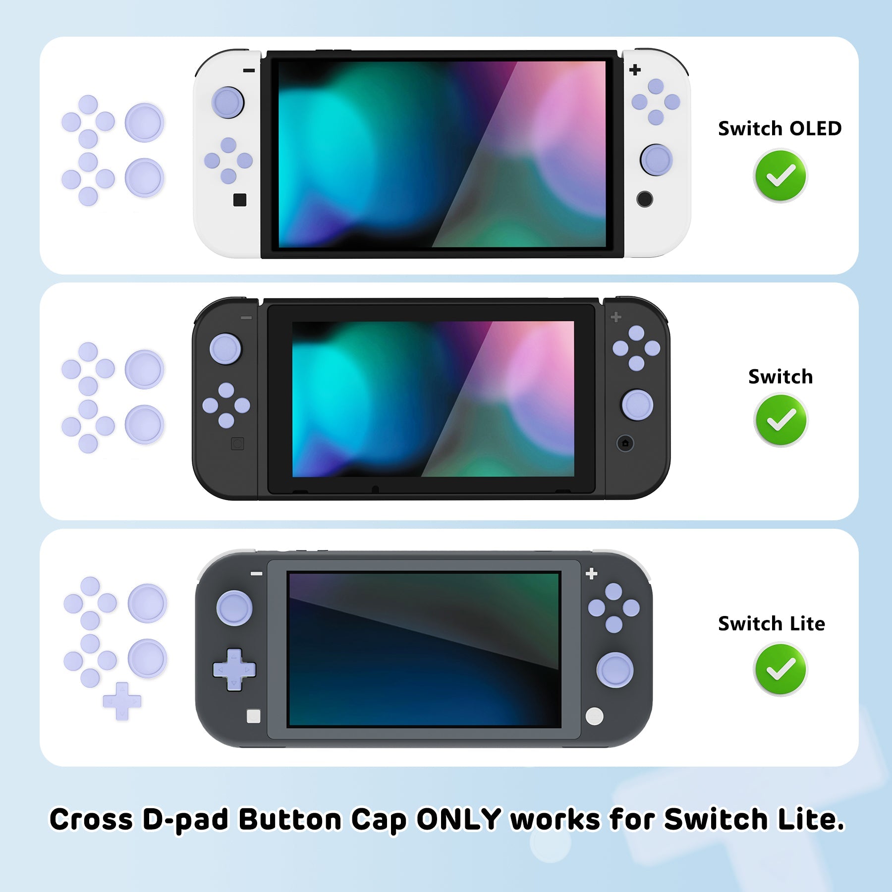 PlayVital Silicone Button Covers and Thumb Grip Set for Nintendo Switch & Switch OLED & Switch Lite ABXY Directional Key Button Caps with Switch Lite D-Pad Button Cap - Light Violet PlayVital