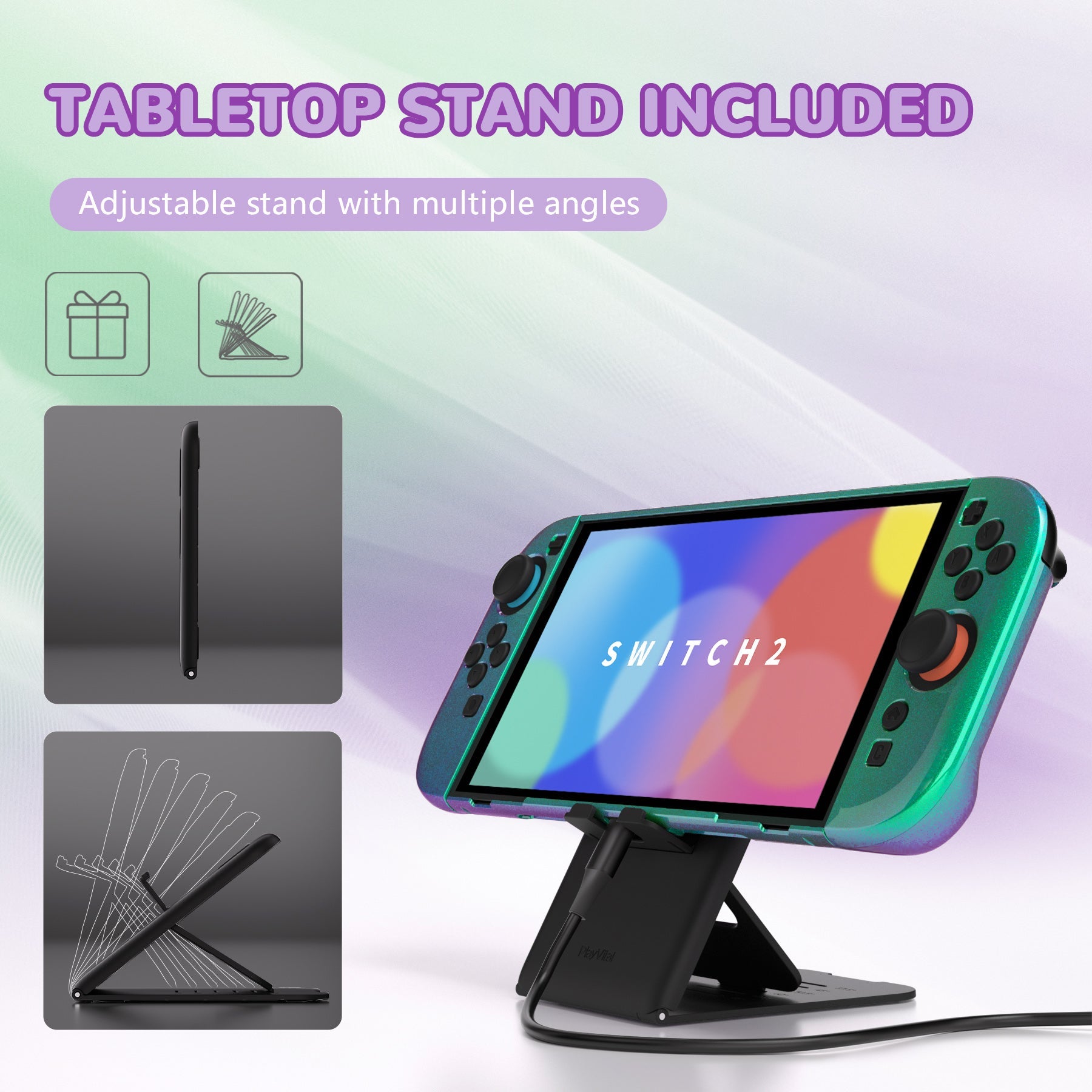 PlayVital Solid Color Series Hard Shell Protective Case with Foldable Stand & Thumb Grips for Nintendo Switch 2 - Chameleon Green Purple PlayVital