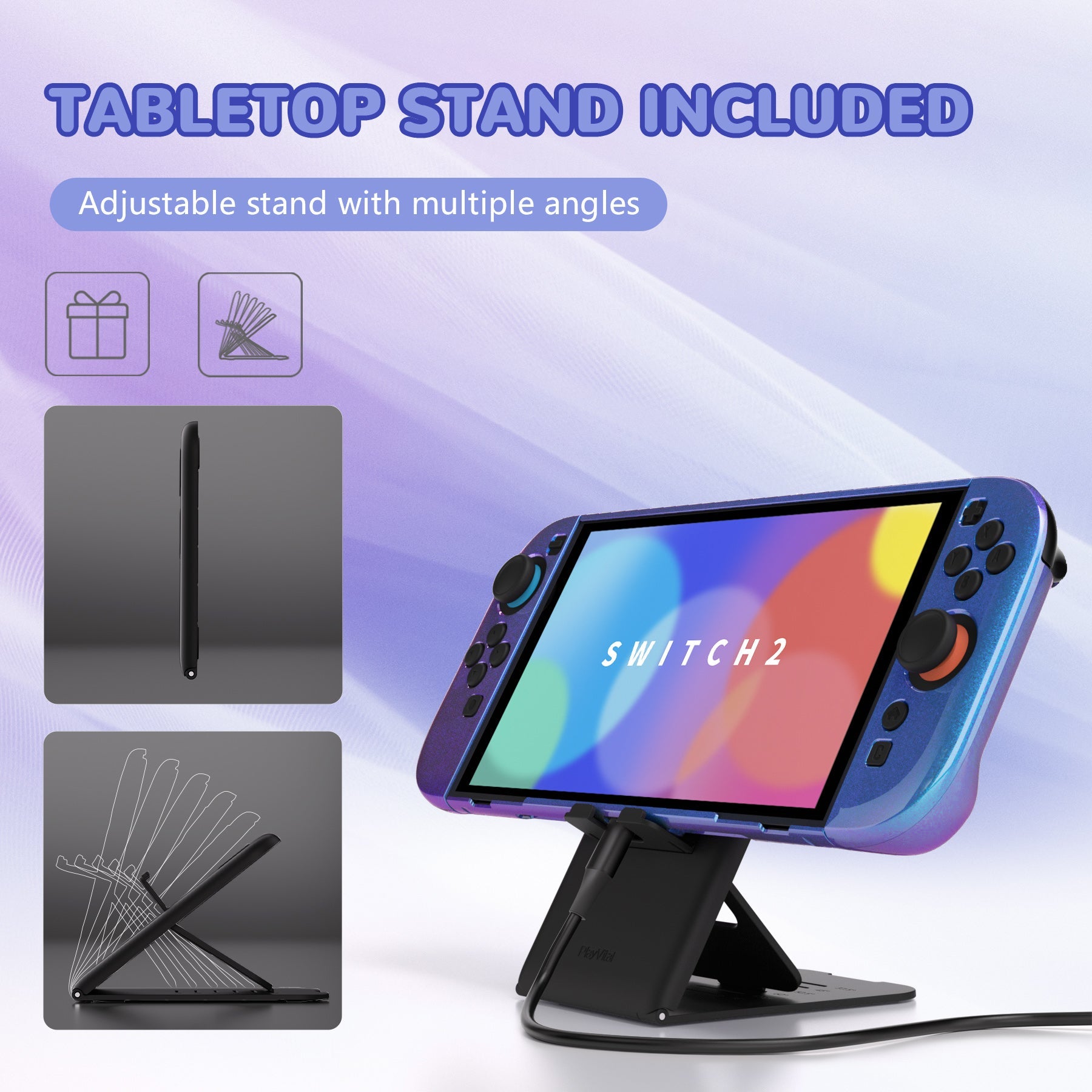 PlayVital Solid Color Series Hard Shell Protective Case with Foldable Stand & Thumb Grips for Nintendo Switch 2 - Chameleon Purple Blue PlayVital