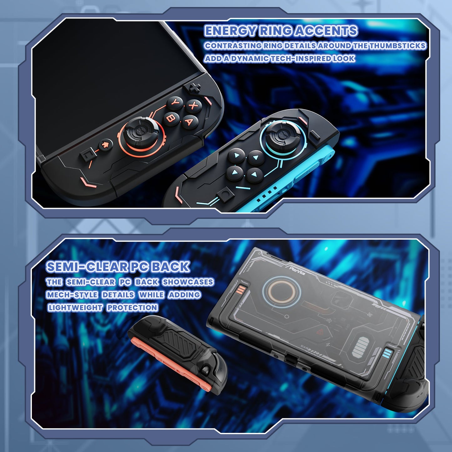 PlayVital Stellar Mecha Protective Case for Nintendo Switch 2, Ergonomic Anti-slip Silicone Grip Cover, Dockable Hard Case Shell for Switch 2 with Joystick Cap & Sticker - Black PlayVital