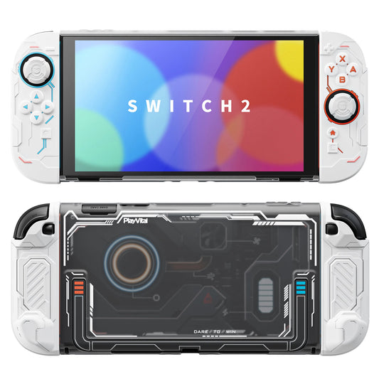 PlayVital Stellar Mecha Protective Case for Nintendo Switch 2, Ergonomic Anti-slip Silicone Grip Cover, Dockable Hard Case Shell for Switch 2 with Joystick Cap & Sticker - White PlayVital