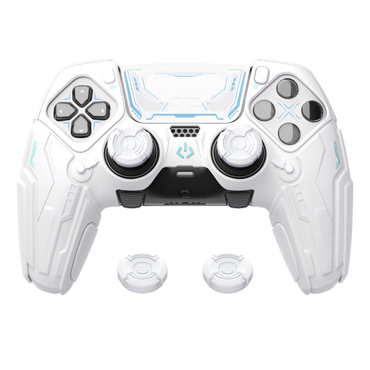 PlayVital Stellar Mecha Silicone Case with Joystick Cap & Sticker for PS5 Edge Controller, Anti-slip Grip Protector for PS5 Edge Controller - White & Frost Gray