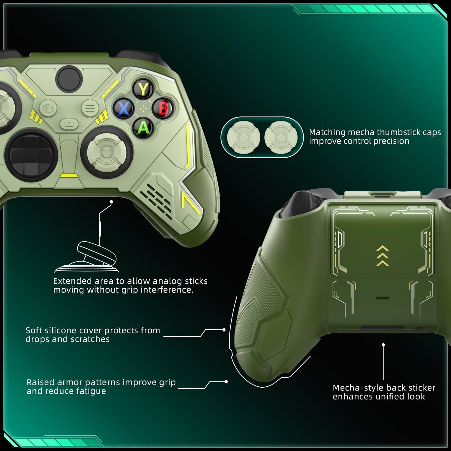 PlayVital Stellar Mecha Silicone Cover Skin for Xbox Series X/S Controller with Thumb Grips & Sticker, Anti-slip Grip Protector for Xbox Core Wireless Controller - Army Green & Sage Green PlayVital