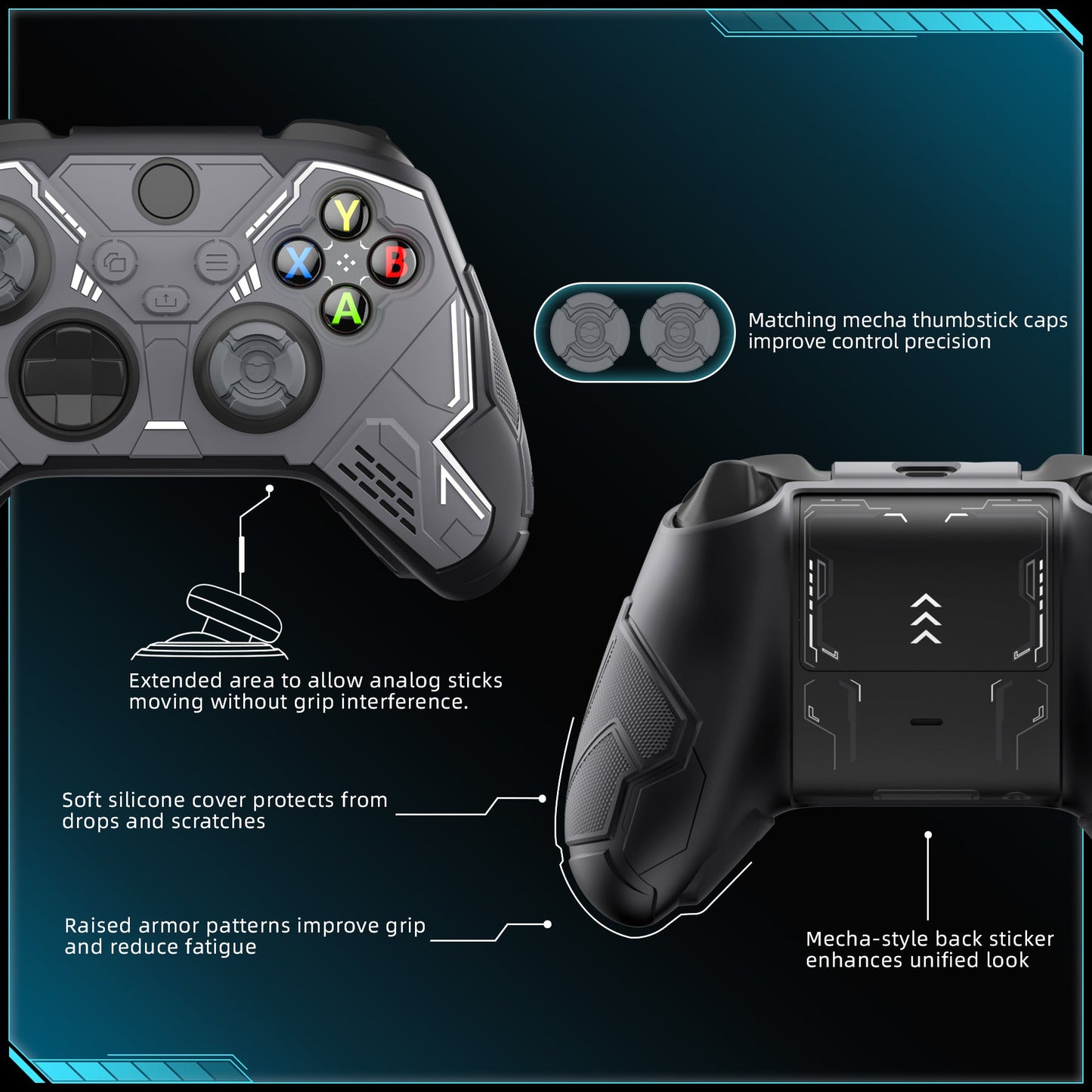 PlayVital Stellar Mecha Silicone Cover Skin for Xbox Series X/S Controller with Thumb Grips & Sticker, Anti-slip Grip Protector for Xbox Core Wireless Controller - Black & Gunmetal Gray PlayVital