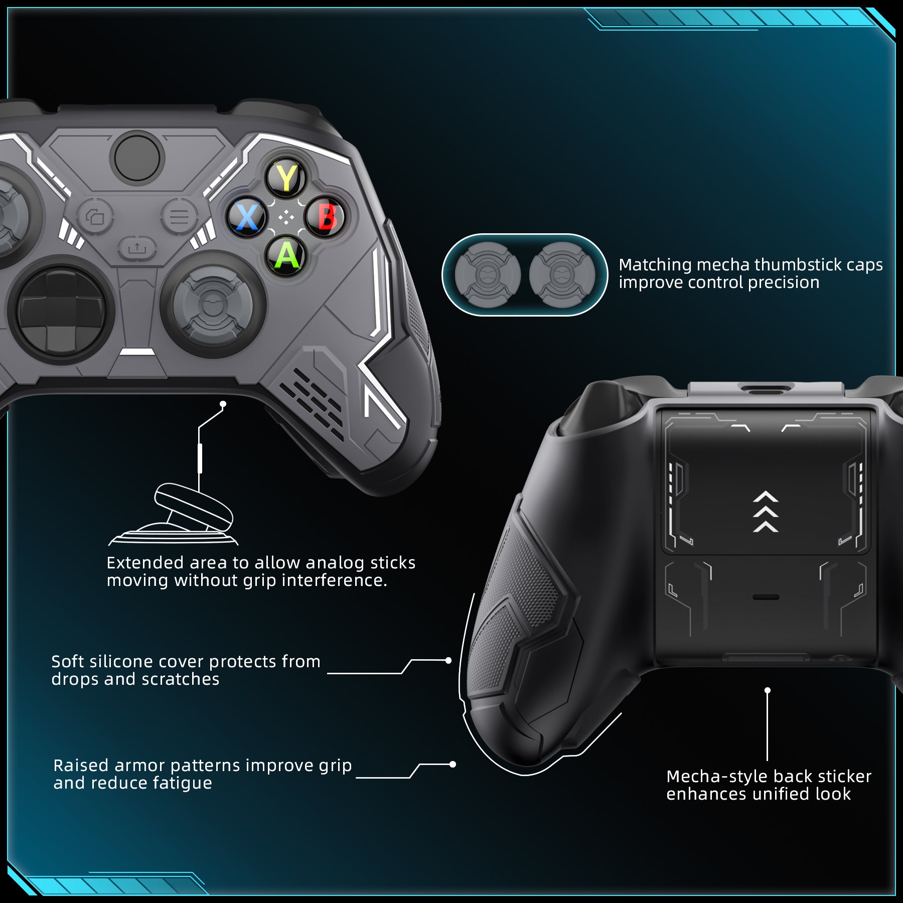 PlayVital Stellar Mecha Silicone Cover Skin for Xbox Series X/S Controller with Thumb Grips & Sticker, Anti-slip Grip Protector for Xbox Core Wireless Controller - Black & Gunmetal Gray PlayVital