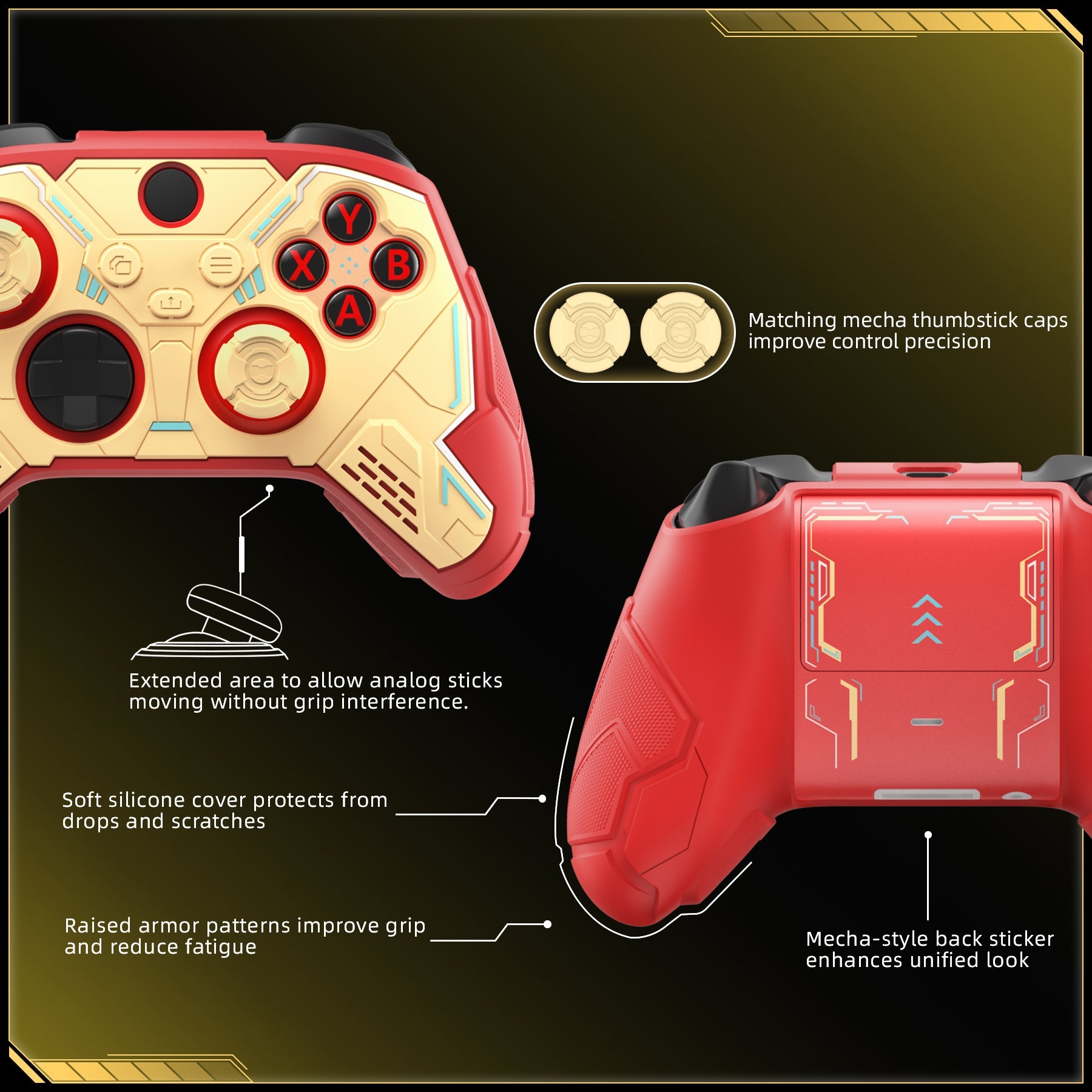 PlayVital Stellar Mecha Silicone Cover Skin for Xbox Series X/S Controller with Thumb Grips & Sticker, Anti-slip Grip Protector for Xbox Core Wireless Controller - Crimson Red & Iron Yellow PlayVital