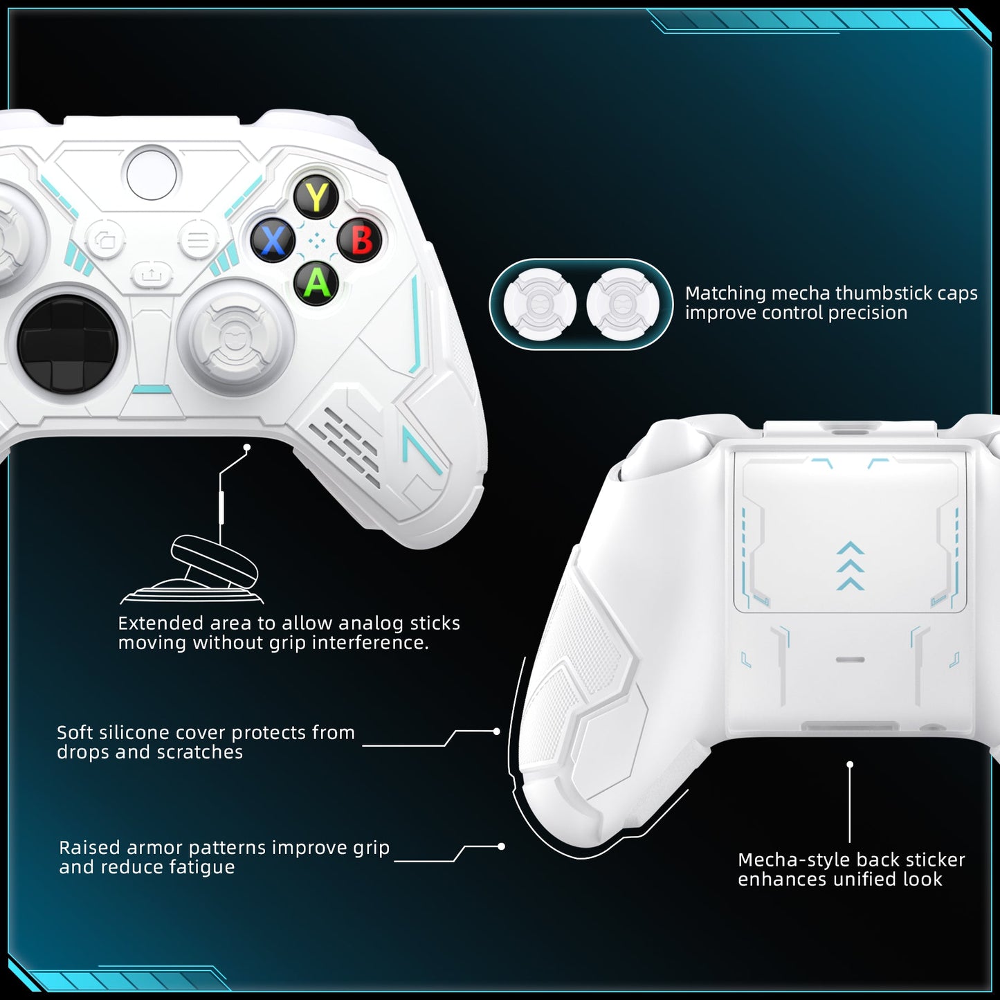 PlayVital Stellar Mecha Silicone Cover Skin for Xbox Series X/S Controller with Thumb Grips & Sticker, Anti-slip Grip Protector for Xbox Core Wireless Controller - White & Frost Gray PlayVital