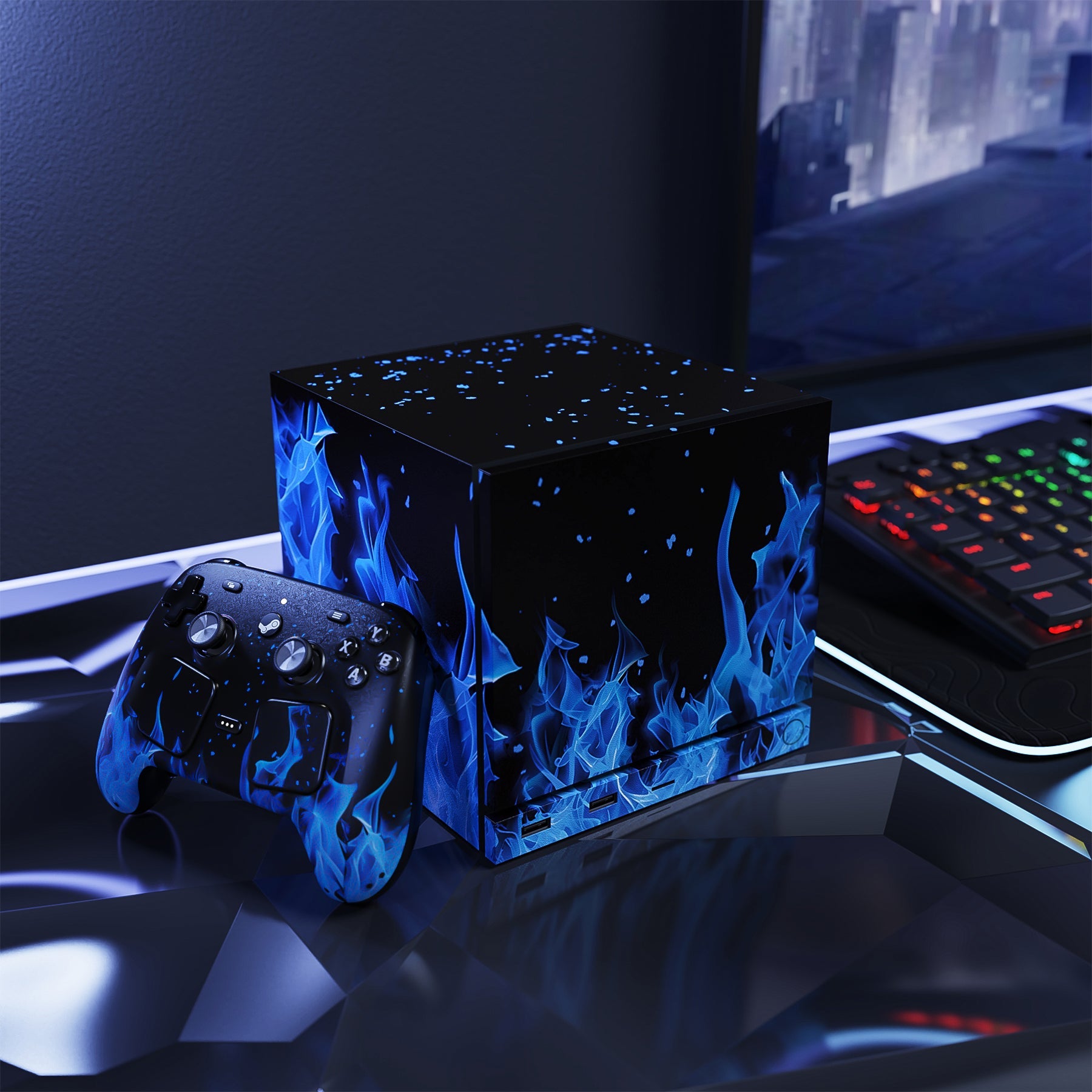 PlayVital Vinyl Skin Set for Steam Machine Console & Steam Controller (2026), Protective Decal Wrap - Blue Flame PlayVital