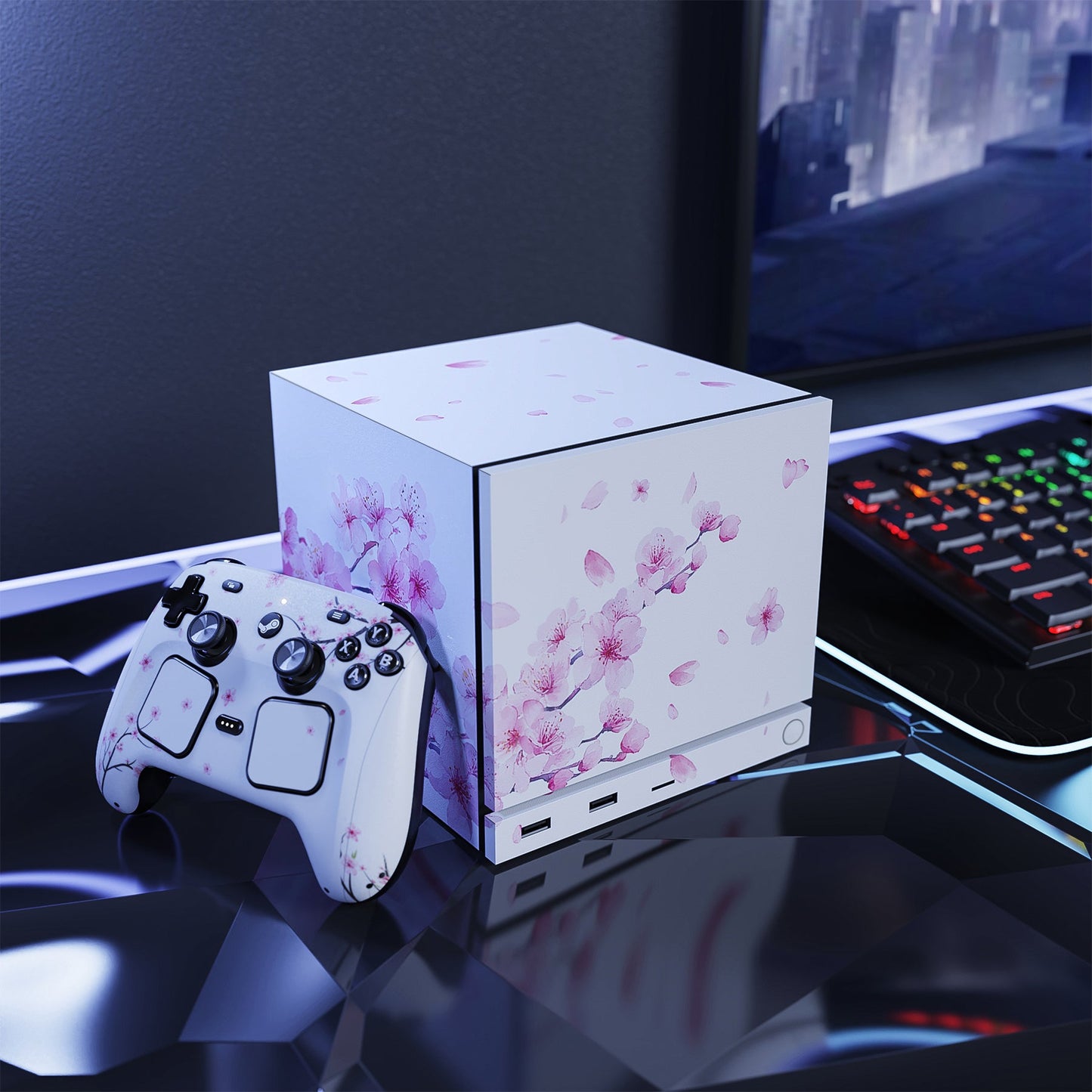 PlayVital Vinyl Skin Set for Steam Machine Console & Steam Controller (2026), Protective Decal Wrap - Cherry Blossoms Petals A PlayVital