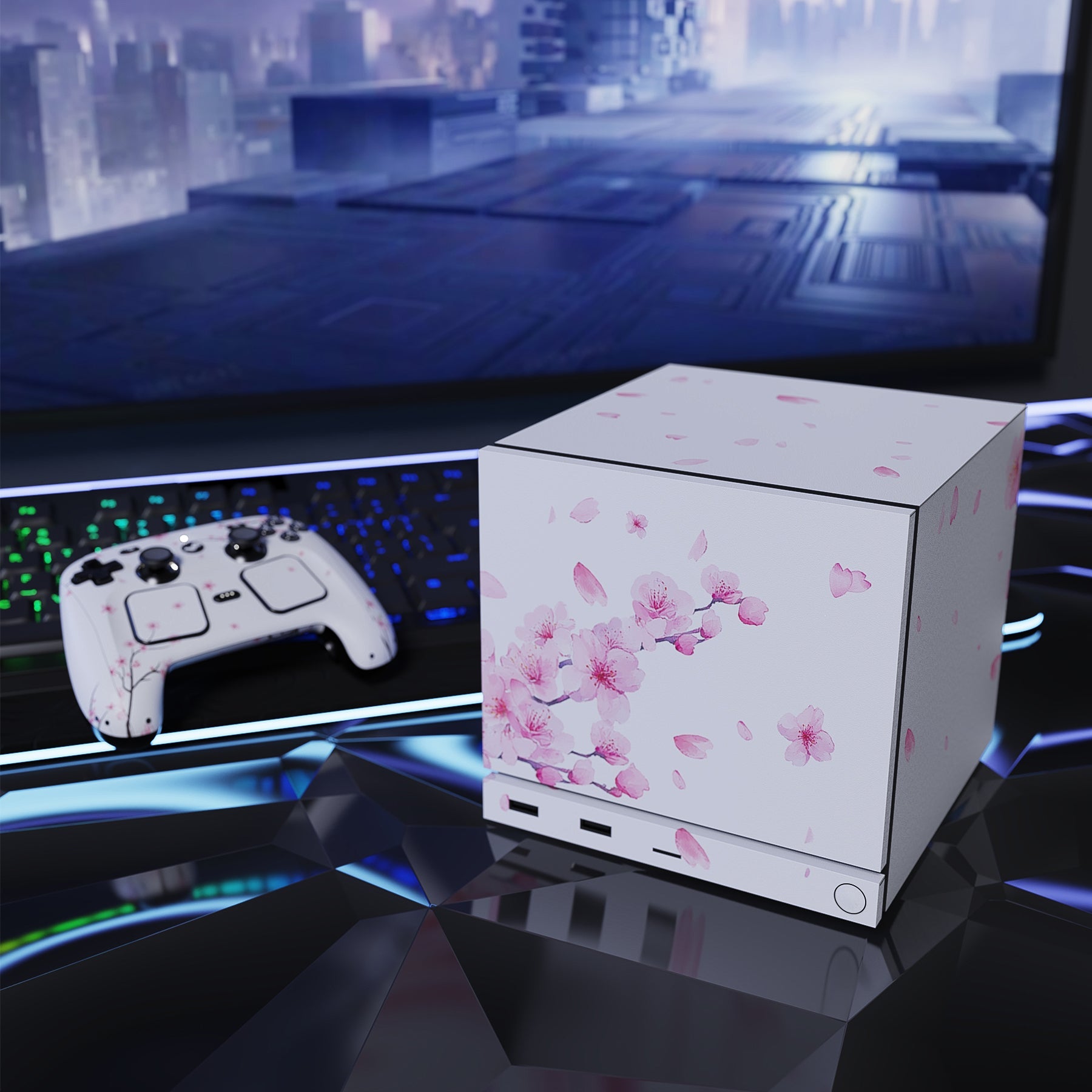 PlayVital Vinyl Skin Set for Steam Machine Console & Steam Controller (2026), Protective Decal Wrap - Cherry Blossoms Petals A PlayVital