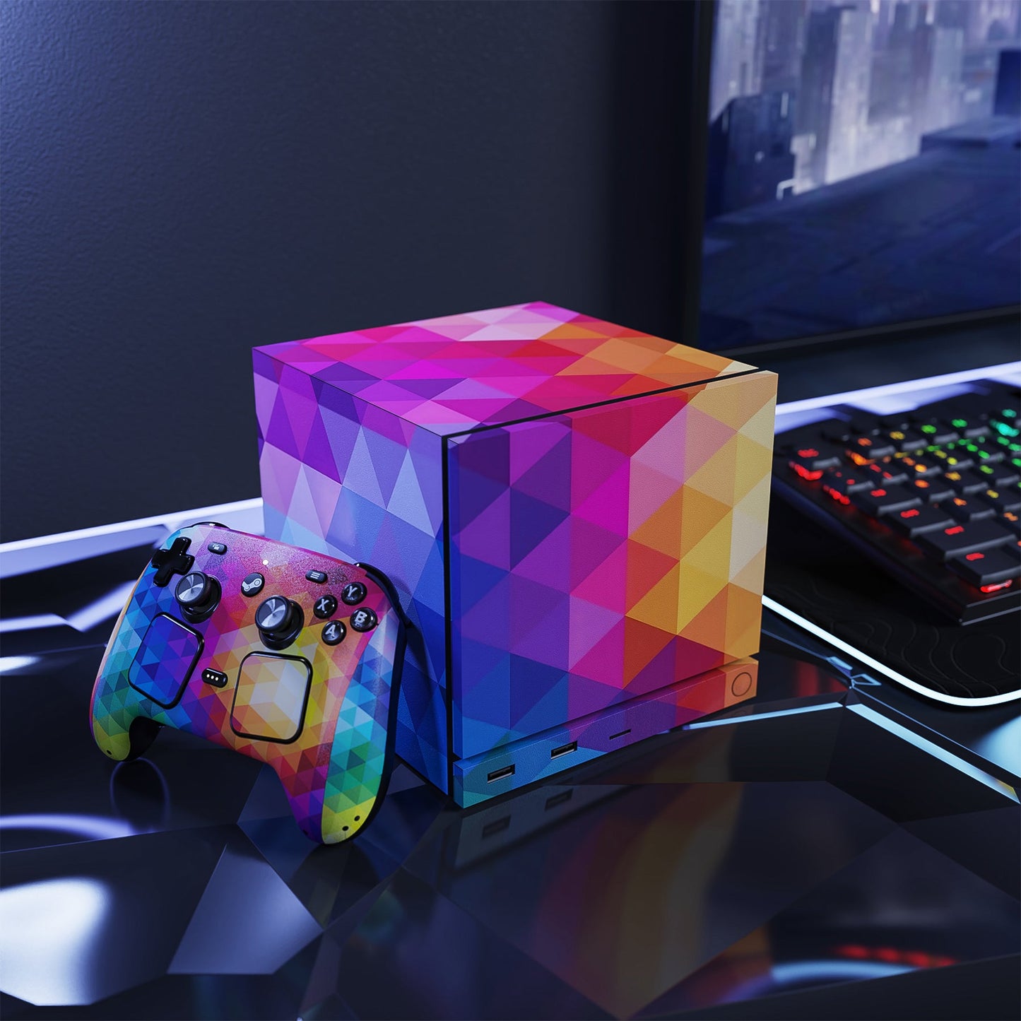 PlayVital Vinyl Skin Set for Steam Machine Console & Steam Controller (2026), Protective Decal Wrap - Colorful Triangle PlayVital