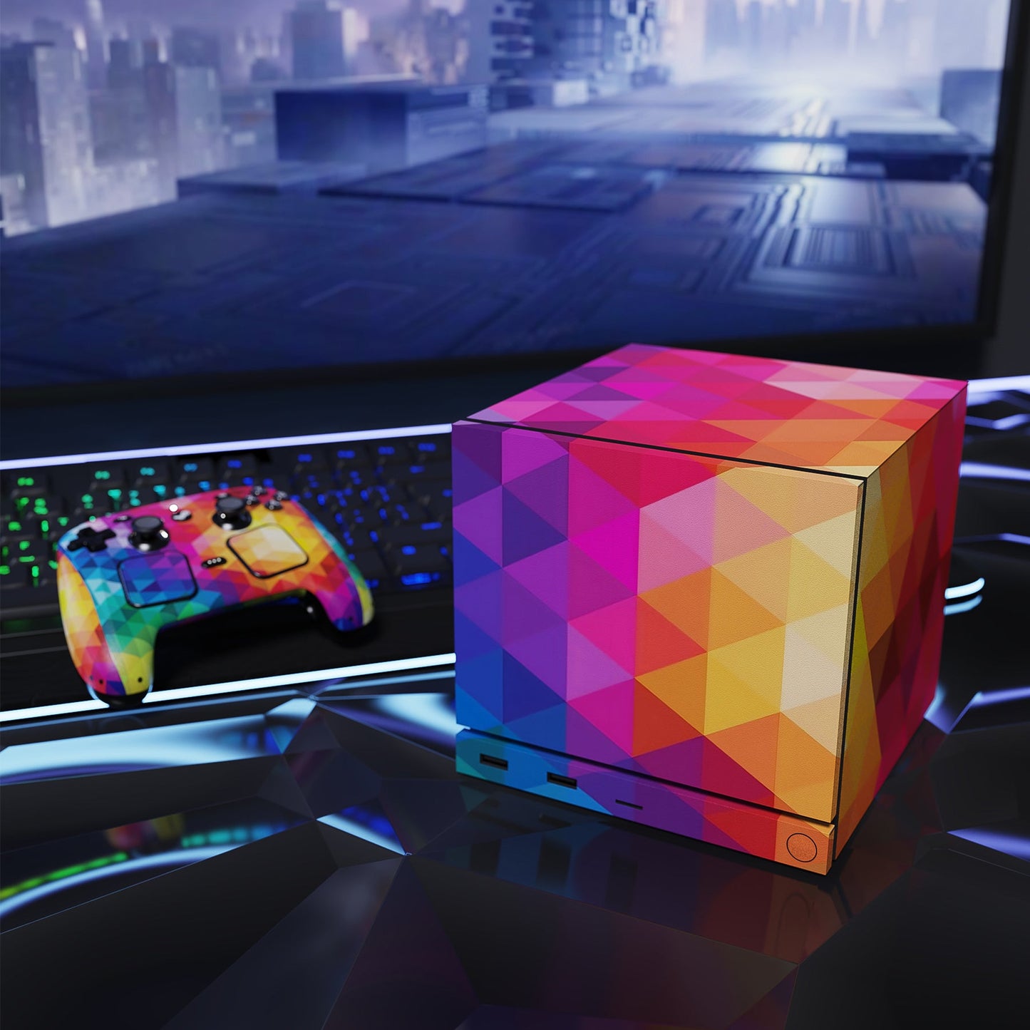 PlayVital Vinyl Skin Set for Steam Machine Console & Steam Controller (2026), Protective Decal Wrap - Colorful Triangle PlayVital