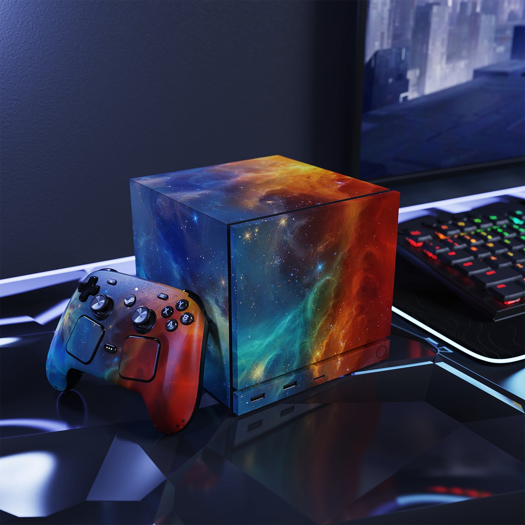 PlayVital Vinyl Skin Set for Steam Machine Console & Steam Controller (2026), Protective Decal Wrap - Orange Star Universe PlayVital