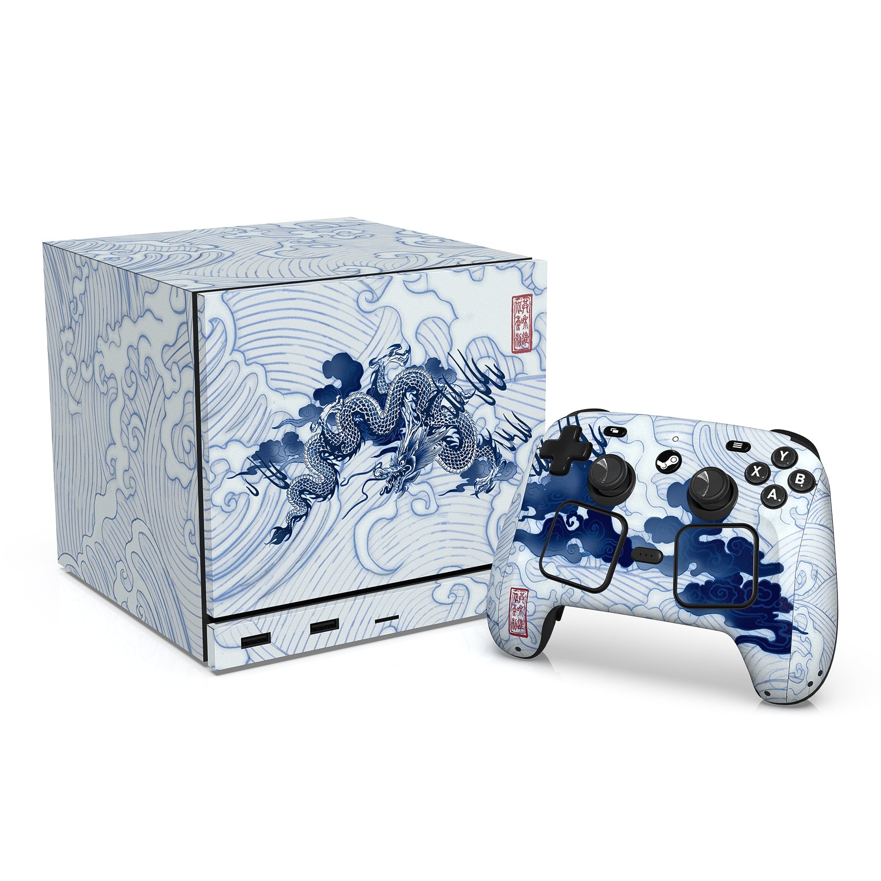 PlayVital Vinyl Skin Set for Steam Machine Console & Steam Controller (2026), Protective Decal Wrap - Qinghua Porcelain Style PlayVital