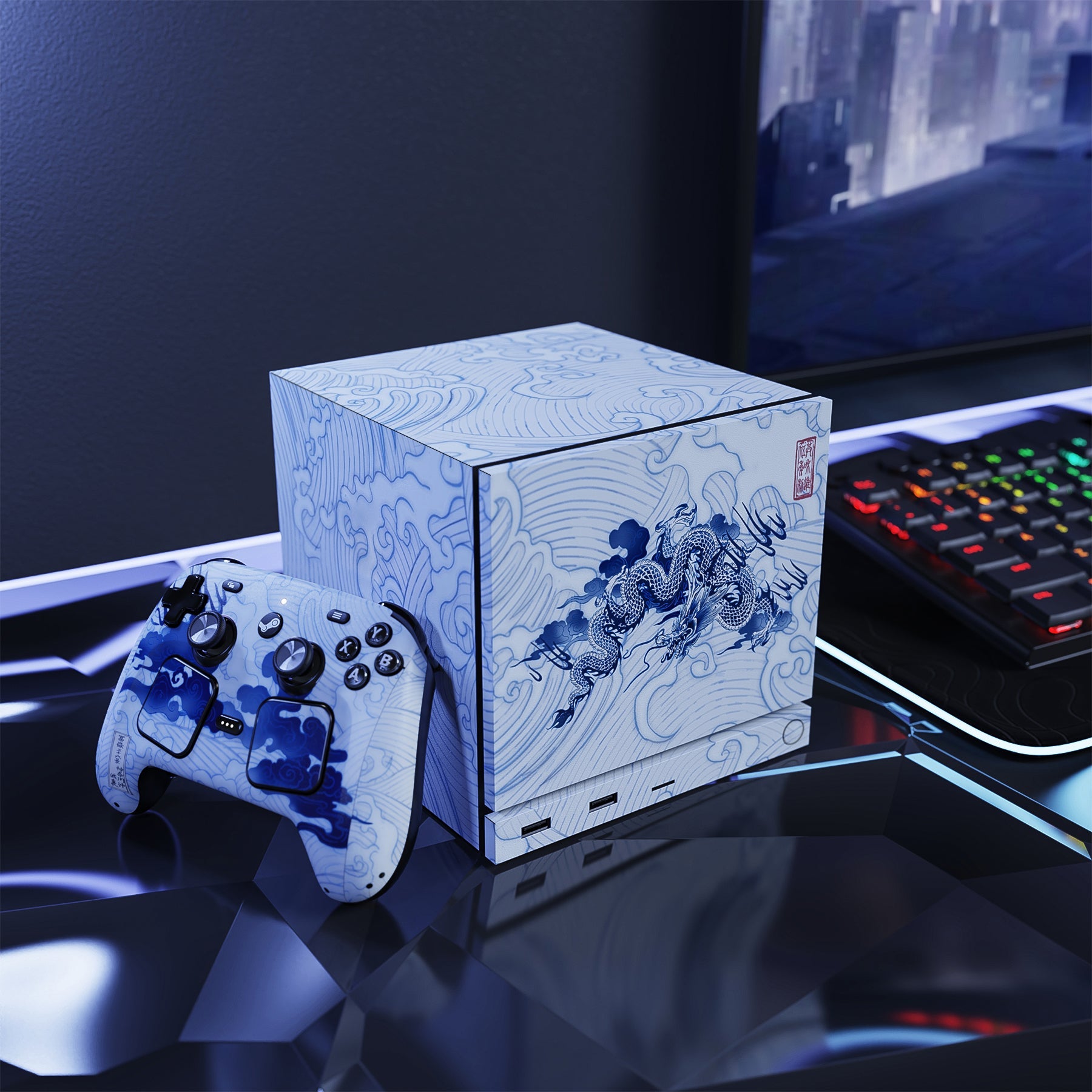 PlayVital Vinyl Skin Set for Steam Machine Console & Steam Controller (2026), Protective Decal Wrap - Qinghua Porcelain Style PlayVital