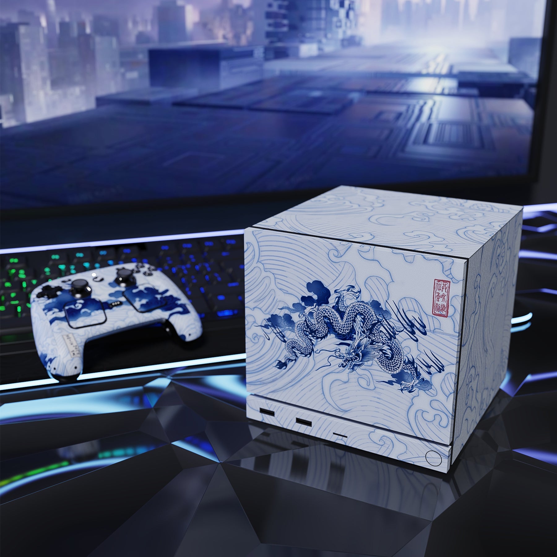 PlayVital Vinyl Skin Set for Steam Machine Console & Steam Controller (2026), Protective Decal Wrap - Qinghua Porcelain Style PlayVital