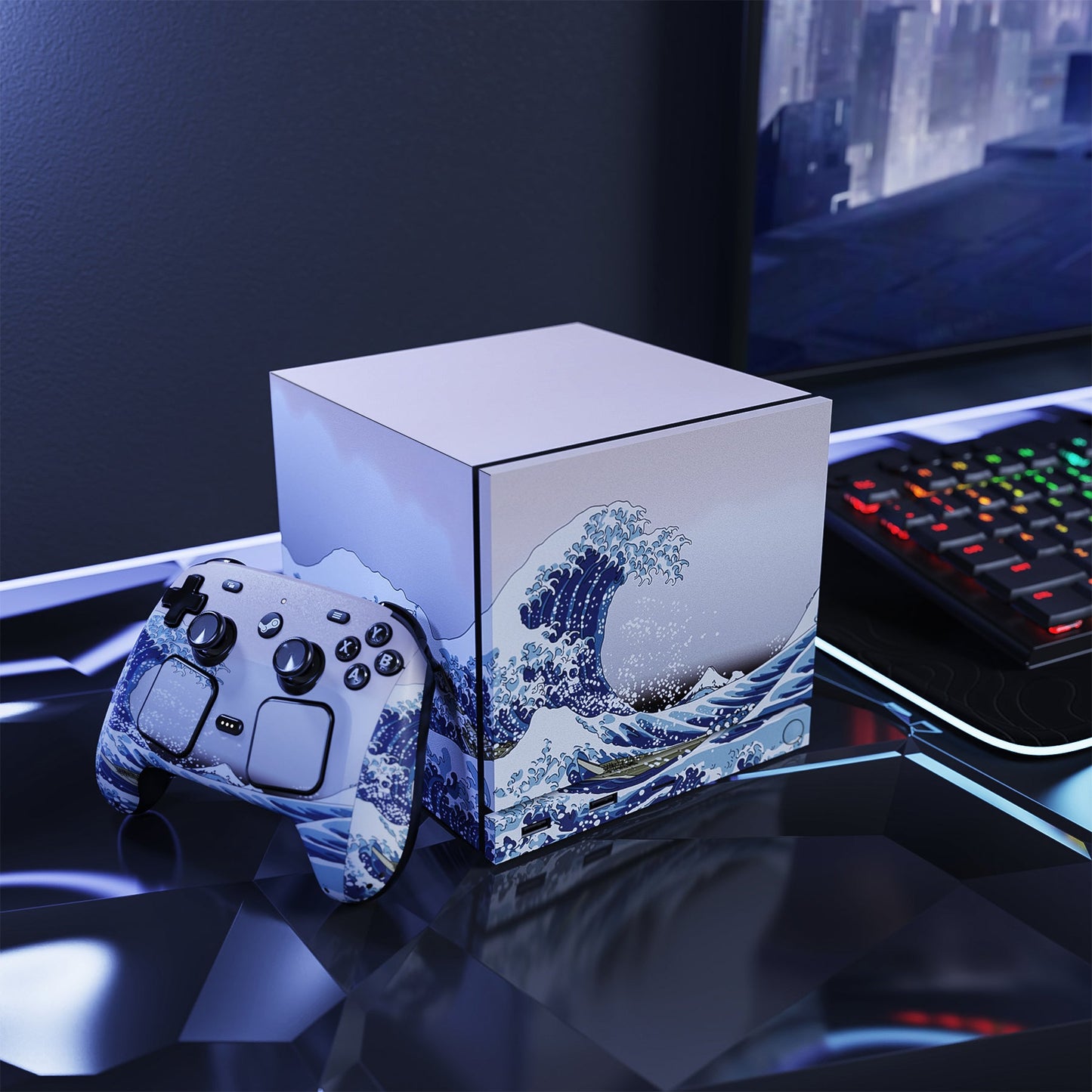 PlayVital Vinyl Skin Set for Steam Machine Console & Steam Controller (2026), Protective Decal Wrap - The Great Wave PlayVital
