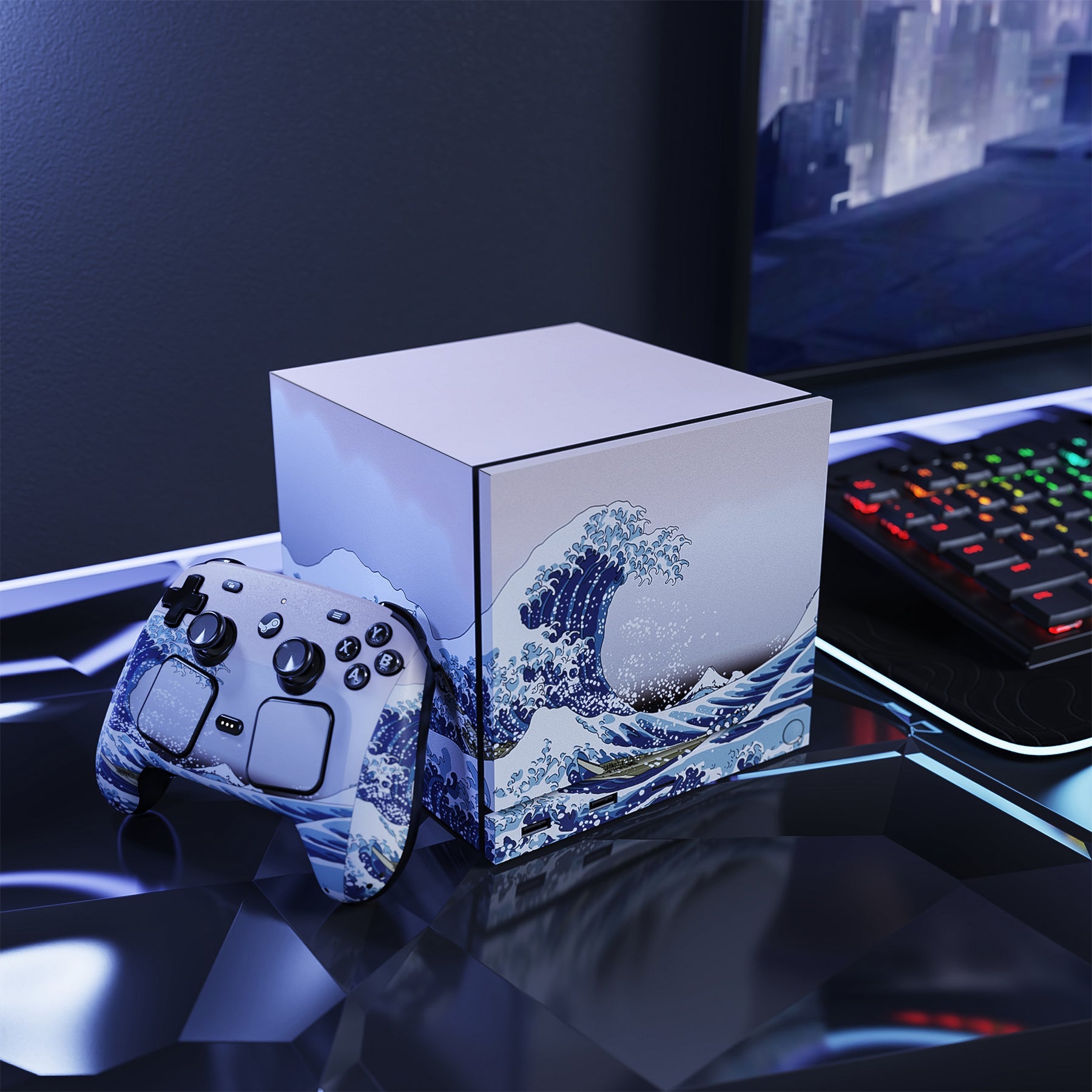 PlayVital Vinyl Skin Set for Steam Machine Console & Steam Controller (2026), Protective Decal Wrap - The Great Wave PlayVital