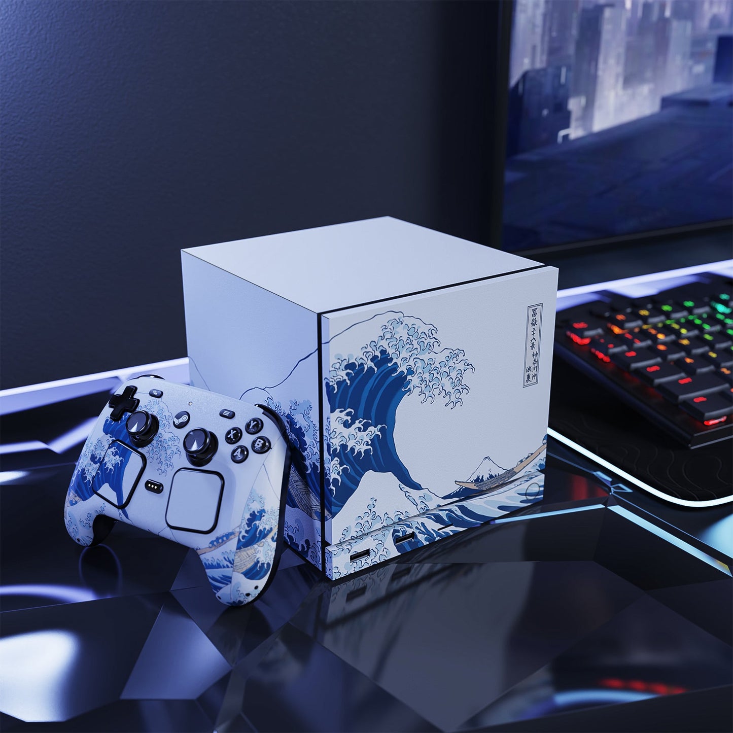 PlayVital Vinyl Skin Set for Steam Machine Console & Steam Controller (2026), Protective Decal Wrap - The Great Wave off Kanagawa PlayVital