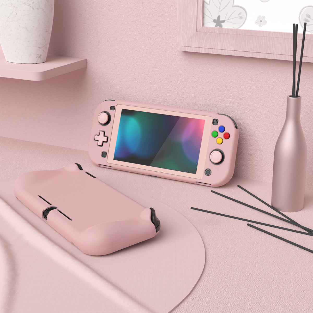 PlayVital ZealProtect Hard Shell Protective Case with Screen Protector & Thumb Grip Caps & Button Caps for Nintendo Switch Lite - Peach Blossom Pink playvital