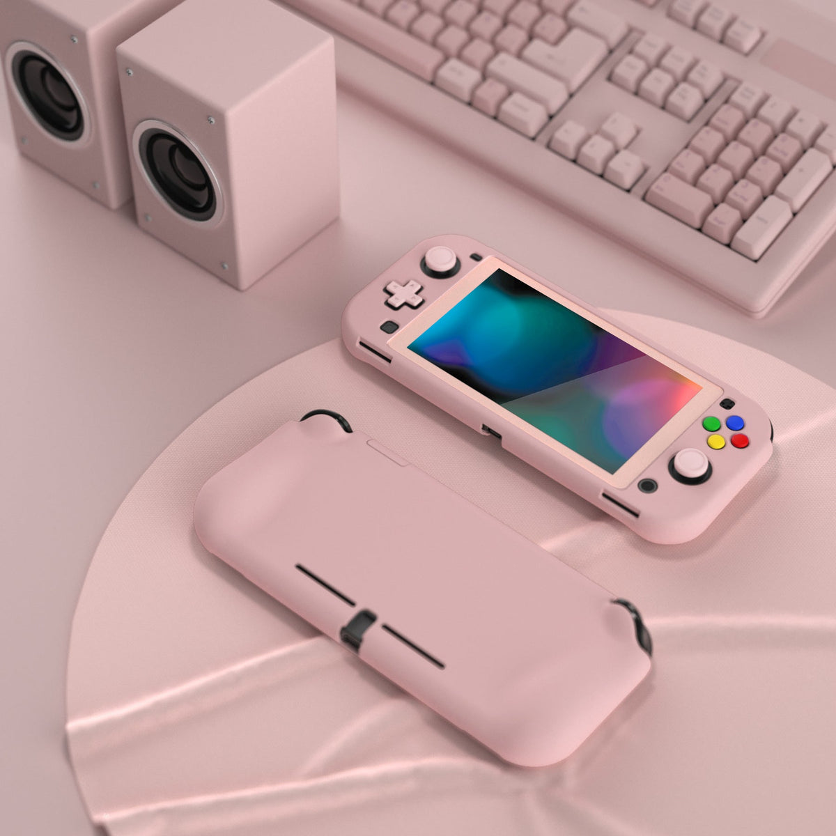 PlayVital ZealProtect Hard Shell Protective Case with Screen Protector & Thumb Grip Caps & Button Caps for Nintendo Switch Lite - Peach Blossom Pink playvital