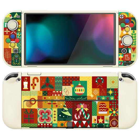 PlayVital ZealProtect Soft TPU Slim Protective Case with Thumb Grip Caps & ABXY Direction Button Caps for Nintendo Switch OLED - Christmas Wrap