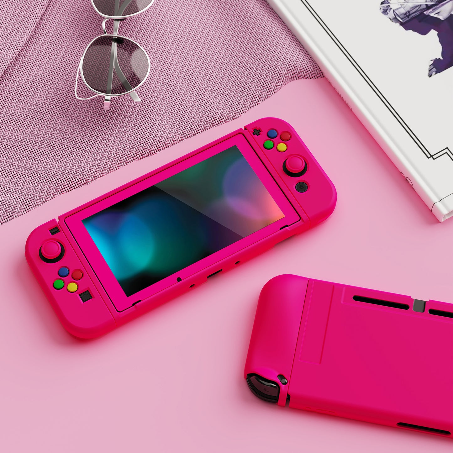PlayVital ZealProtect Soft TPU Slim Protective Case with Tempered Glass Screen Protector & Thumb Grips & ABXY Direction Button Caps for Nintendo Switch - Bright Pink playvital