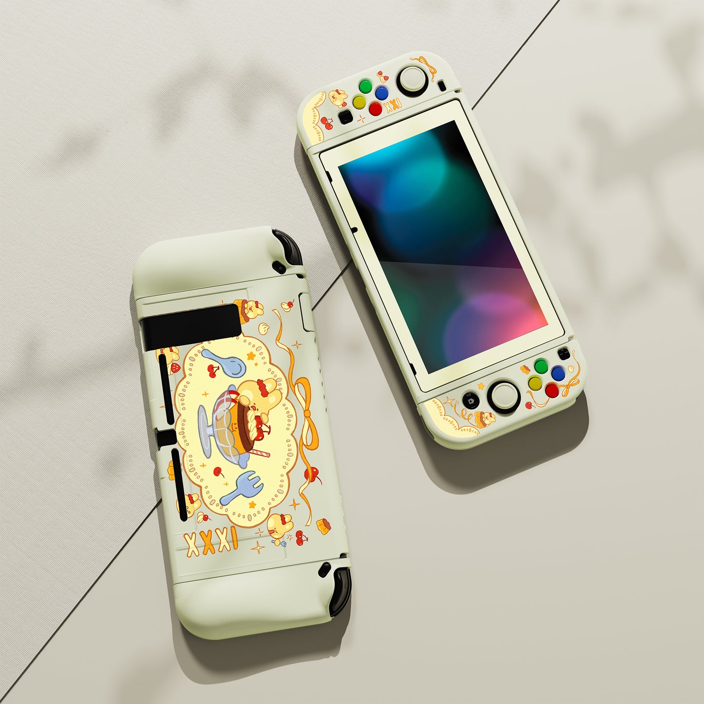 PlayVital ZealProtect Soft TPU Slim Protective Case with Tempered Glass Screen Protector & Thumb Grips & ABXY Direction Button Caps for Nintendo Switch - Pudding Rabbit - RNSYV6063 playvital