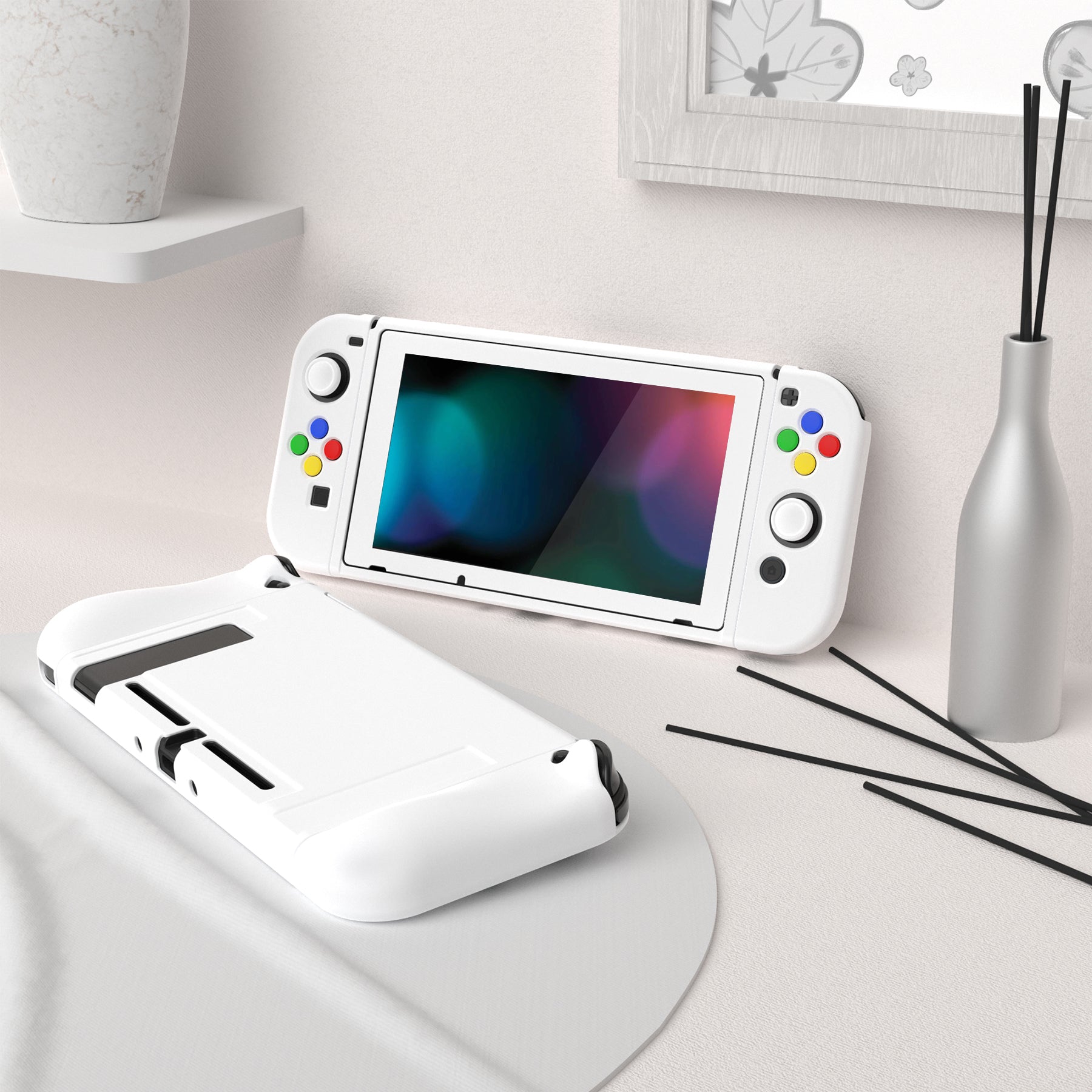 PlayVital ZealProtect Soft TPU Slim Protective Case with Tempered Glass Screen Protector & Thumb Grips & ABXY Direction Button Caps for Nintendo Switch - White playvital