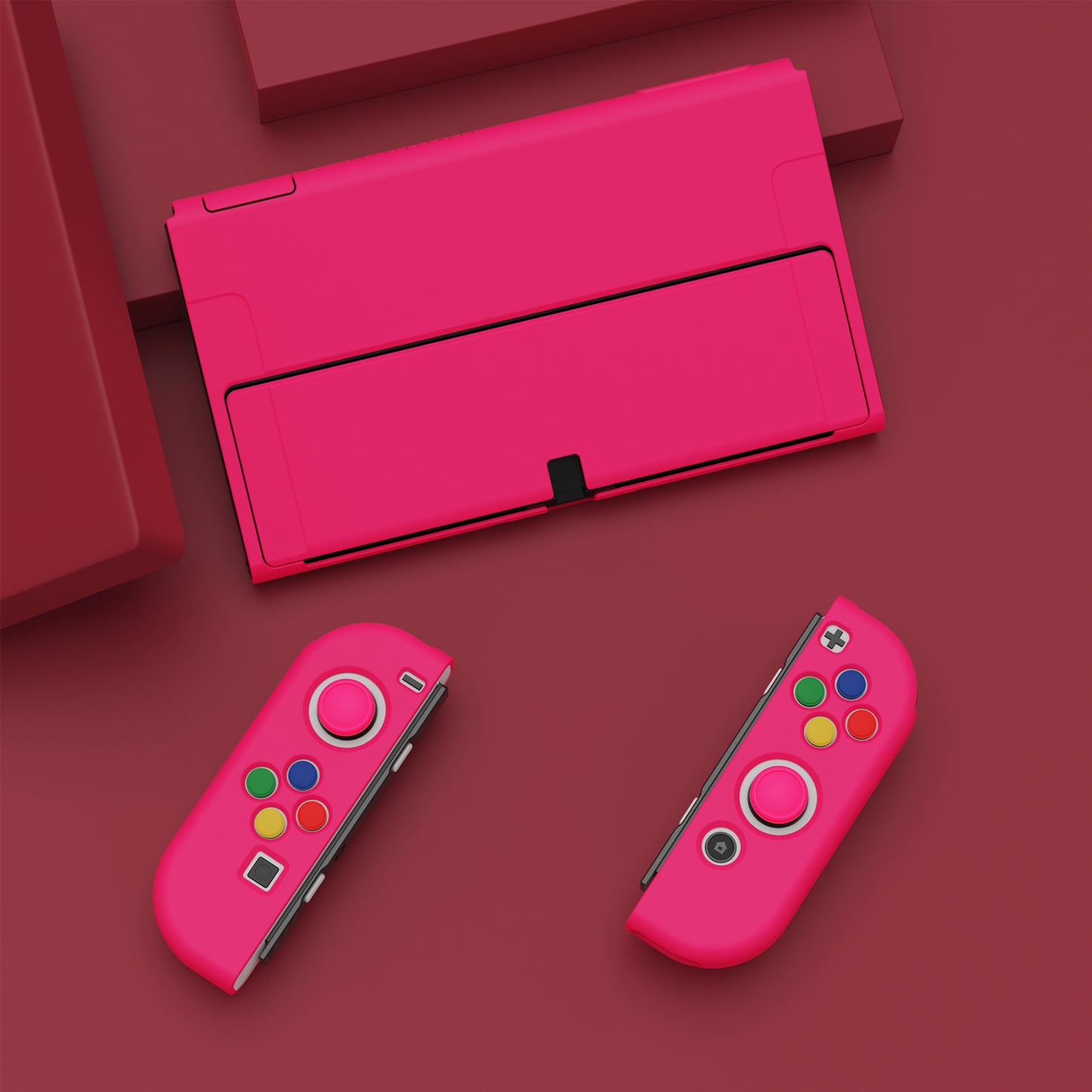 PlayVital ZealProtect Soft TPU Slim Protective Case with Thumb Grip Caps & ABXY Direction Button Caps for Nintendo Switch OLED - Bright Pink playvital