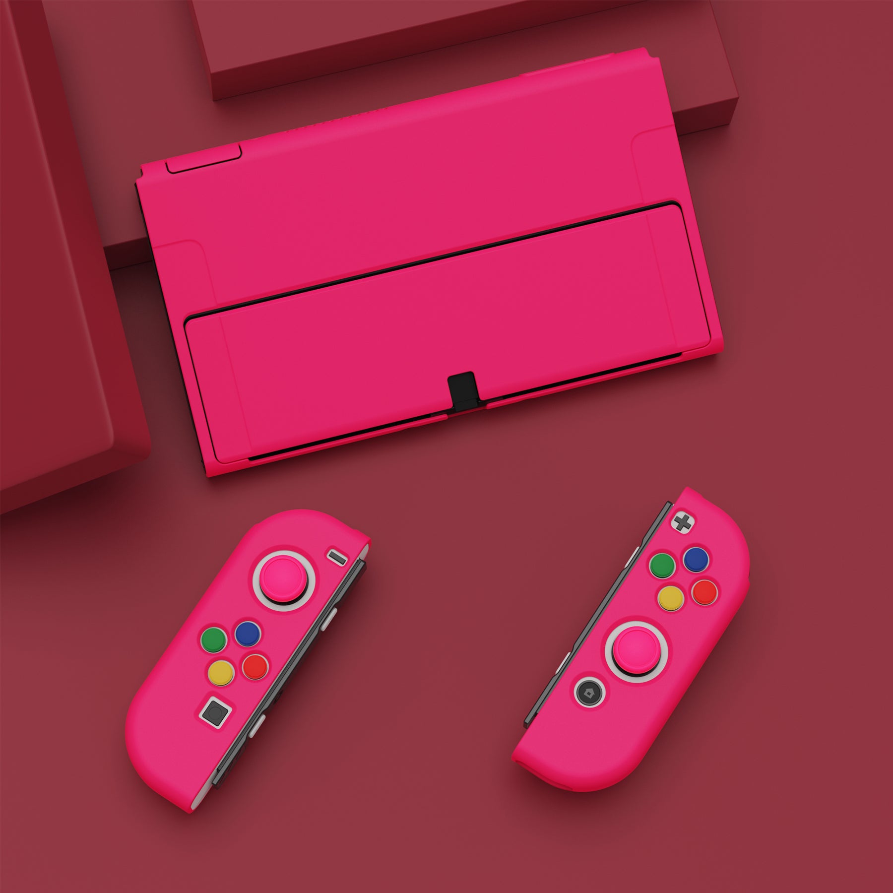 PlayVital ZealProtect Soft TPU Slim Protective Case with Thumb Grip Caps & ABXY Direction Button Caps for Nintendo Switch OLED - Bright Pink playvital