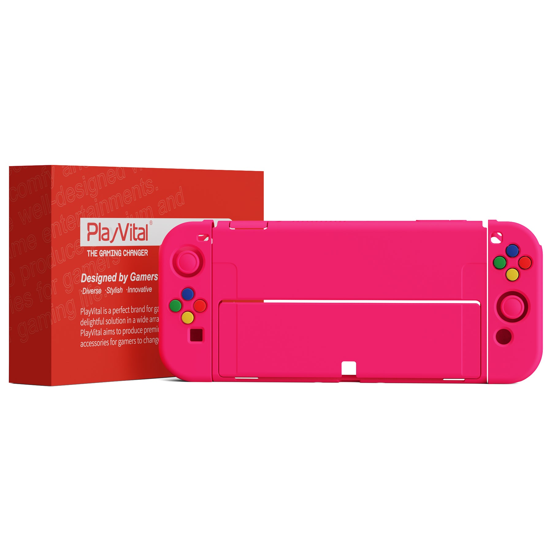 PlayVital ZealProtect Soft TPU Slim Protective Case with Thumb Grip Caps & ABXY Direction Button Caps for Nintendo Switch OLED - Bright Pink playvital