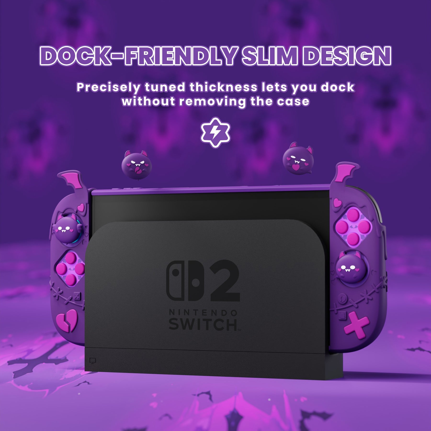 PlayVital Gothic Imp Series Protective Case for Nintendo Switch 2, Kawaii Dockable Hard Case Shell for Switch 2 with Thumb Grips & Sticker - Purple PlayVital