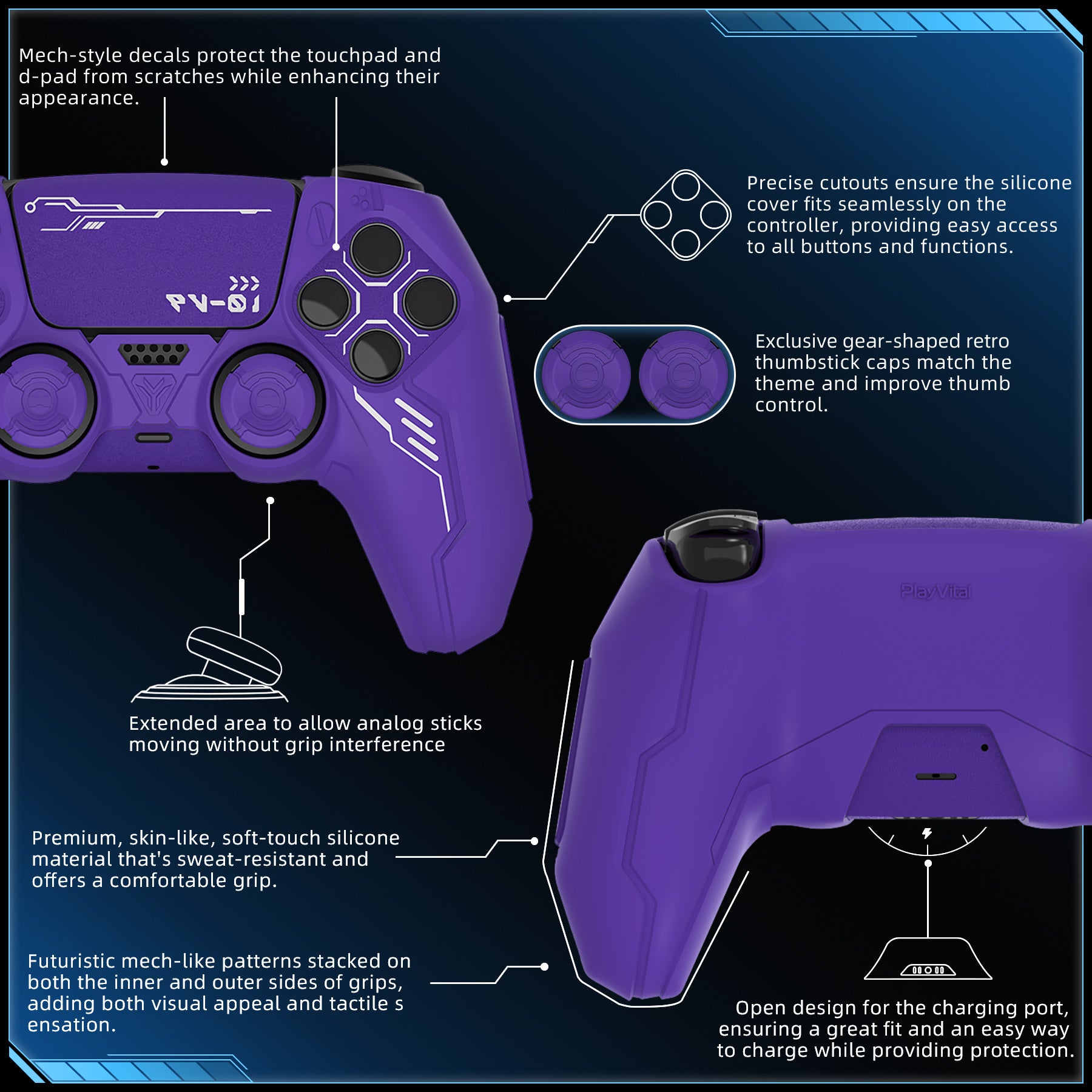 PlayVital Mecha Edition Anti-Slip Silicone Cover Skin with Matching Thumb Grips and Stickers for PS5 Wireless Controller - Compatible with Charging Station - Purple PlayVital