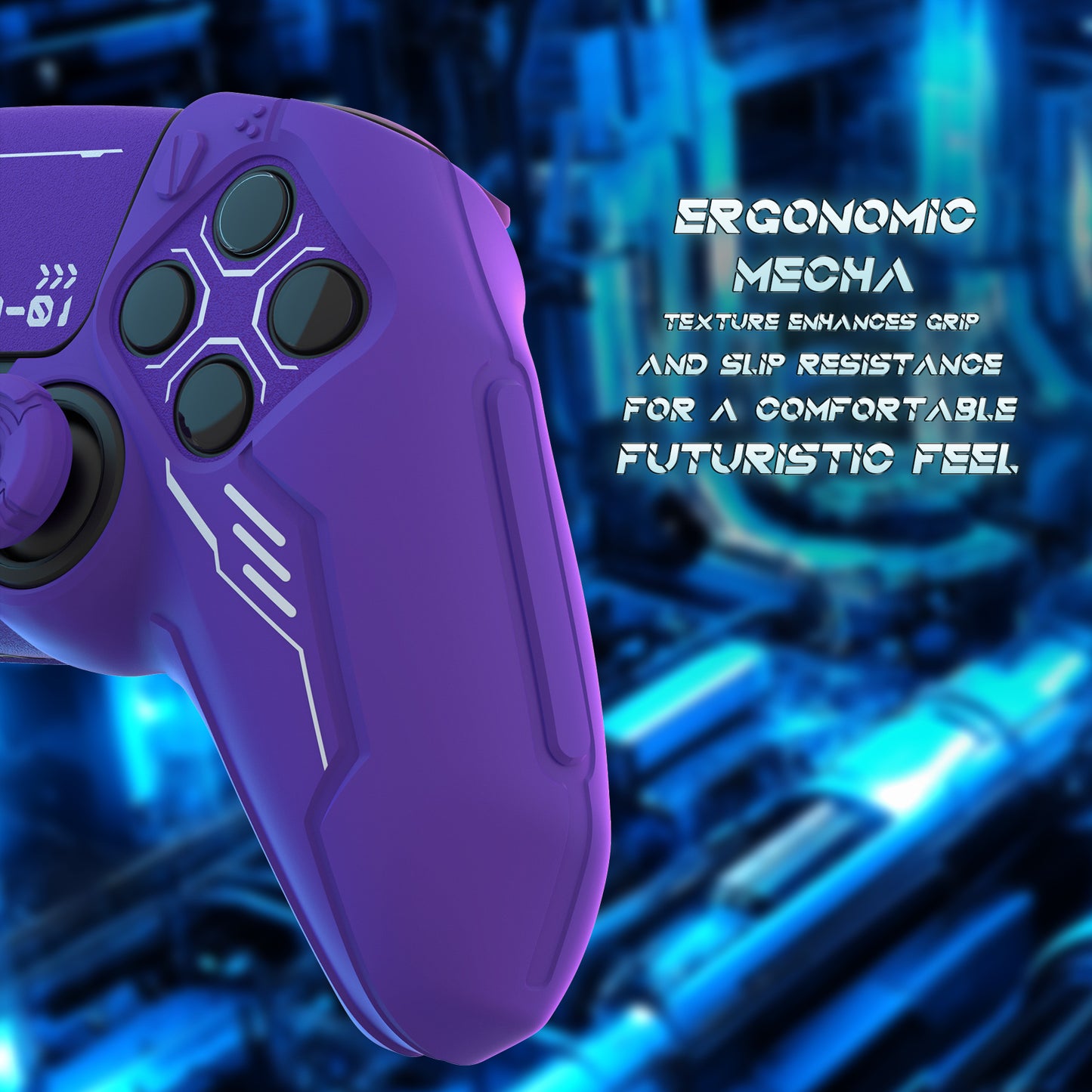PlayVital Mecha Edition Anti-Slip Silicone Cover Skin with Matching Thumb Grips and Stickers for PS5 Wireless Controller - Compatible with Charging Station - Purple PlayVital