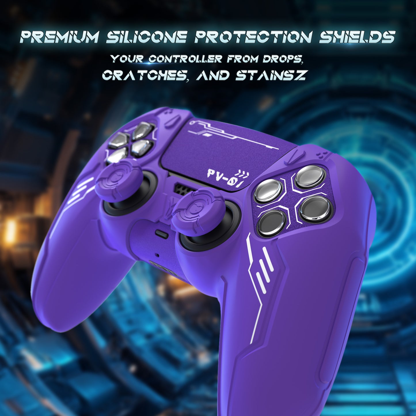 PlayVital Mecha Edition Anti-Slip Silicone Cover Skin with Matching Thumb Grips and Stickers for PS5 Wireless Controller - Compatible with Charging Station - Purple PlayVital