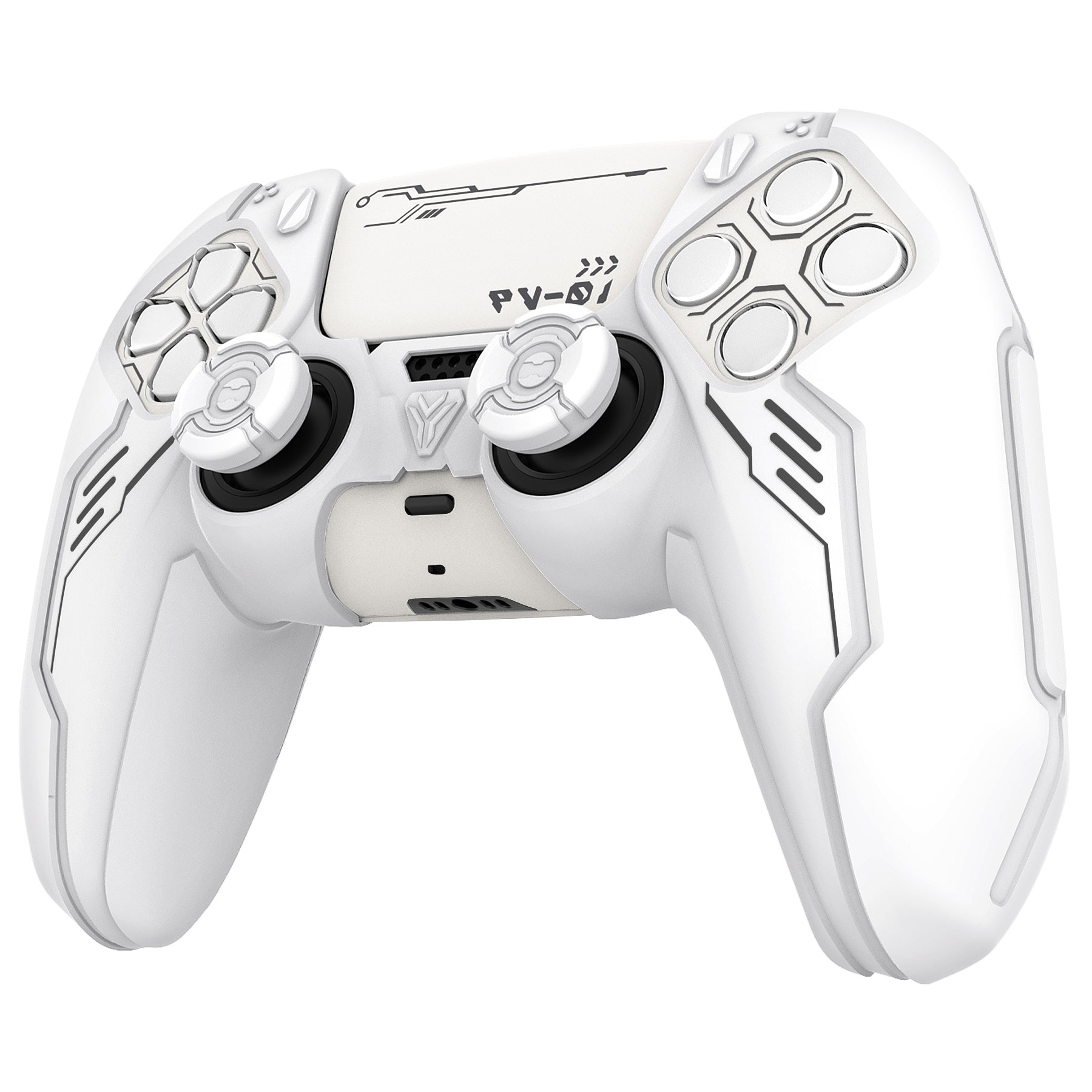 PlayVital Mecha Edition Anti-Slip Silicone Cover Skin with Matching Thumb Grips and Stickers for PS5 Wireless Controller - Compatible with Charging Station - White PlayVital