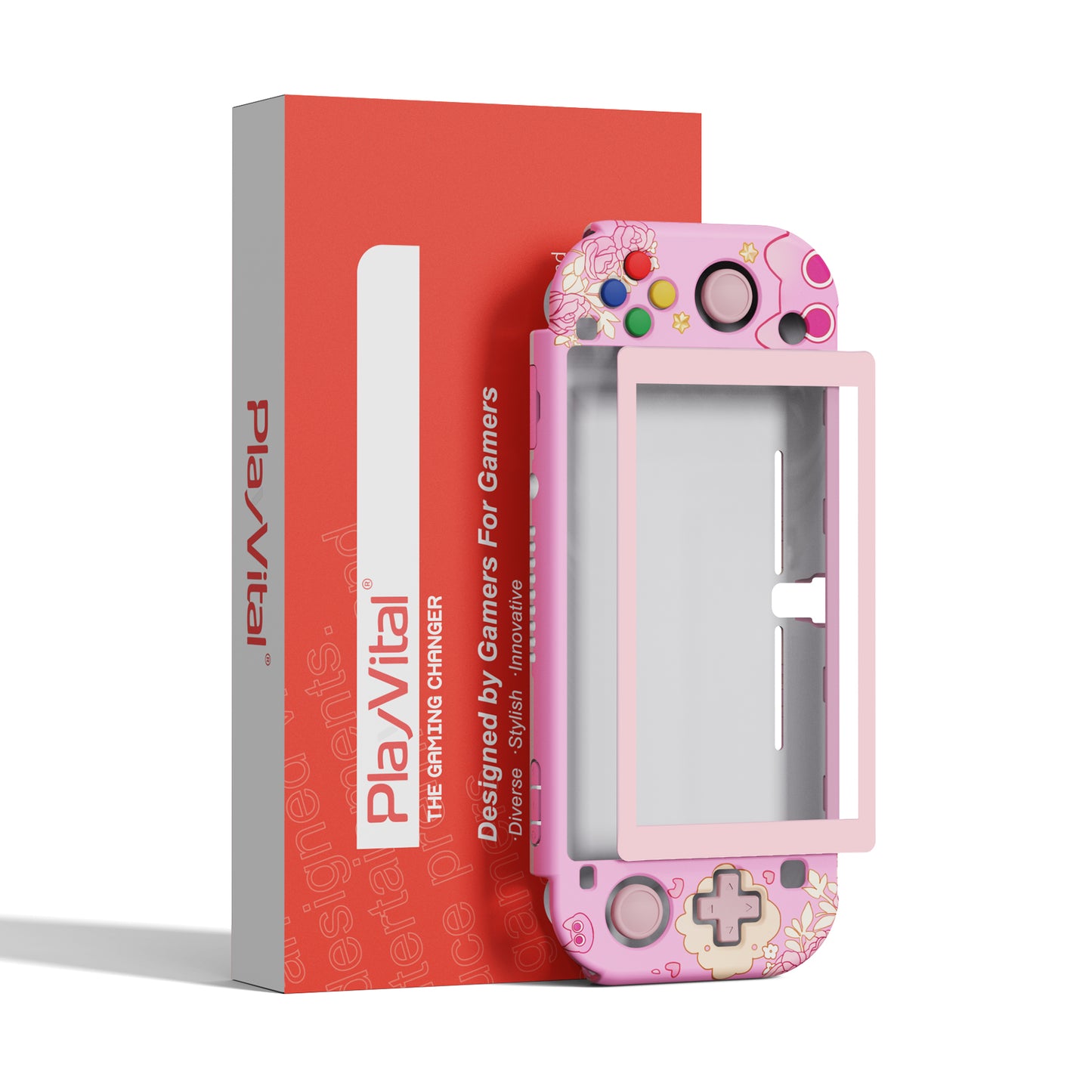 PlayVital PP&VV Hard Shell Protective Case with Screen Protector & Thumb Grip Caps & Button Caps for Nintendo Switch Lite - Pink - PSLYR018 playvital