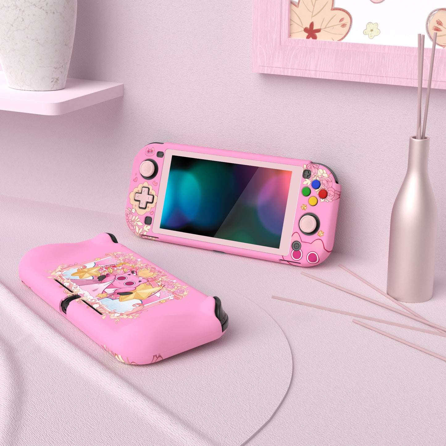 PlayVital PP&VV Hard Shell Protective Case with Screen Protector & Thumb Grip Caps & Button Caps for Nintendo Switch Lite - Pink - PSLYR018 playvital