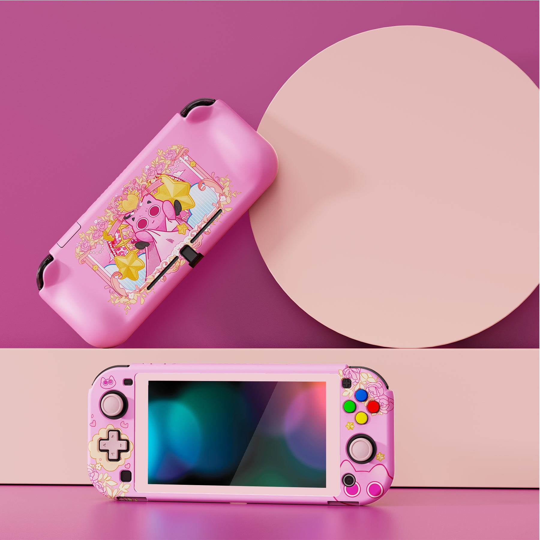 PlayVital PP&VV Hard Shell Protective Case with Screen Protector & Thumb Grip Caps & Button Caps for Nintendo Switch Lite - Pink - PSLYR018 playvital