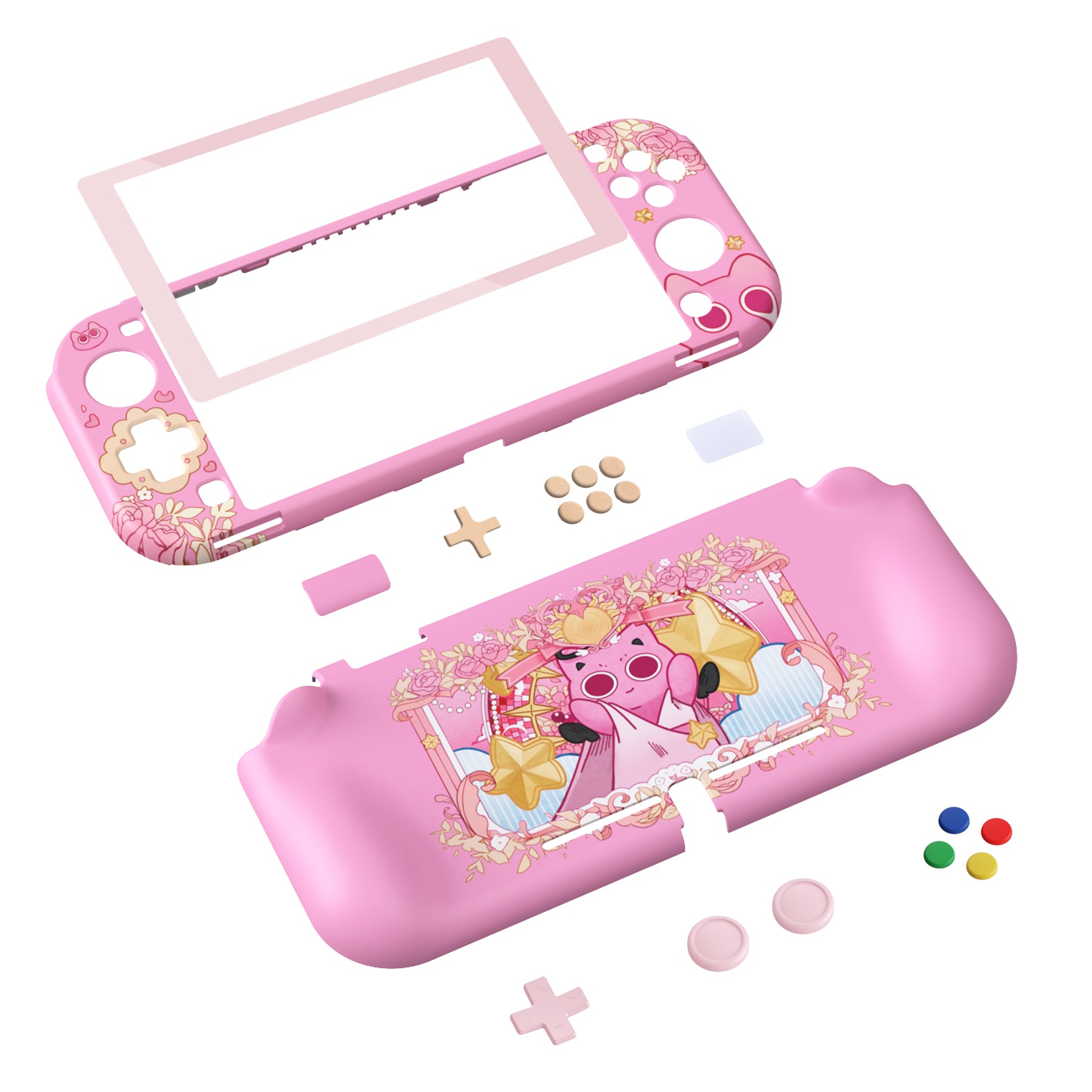 PlayVital PP&VV Hard Shell Protective Case with Screen Protector & Thumb Grip Caps & Button Caps for Nintendo Switch Lite - Pink - PSLYR018 playvital