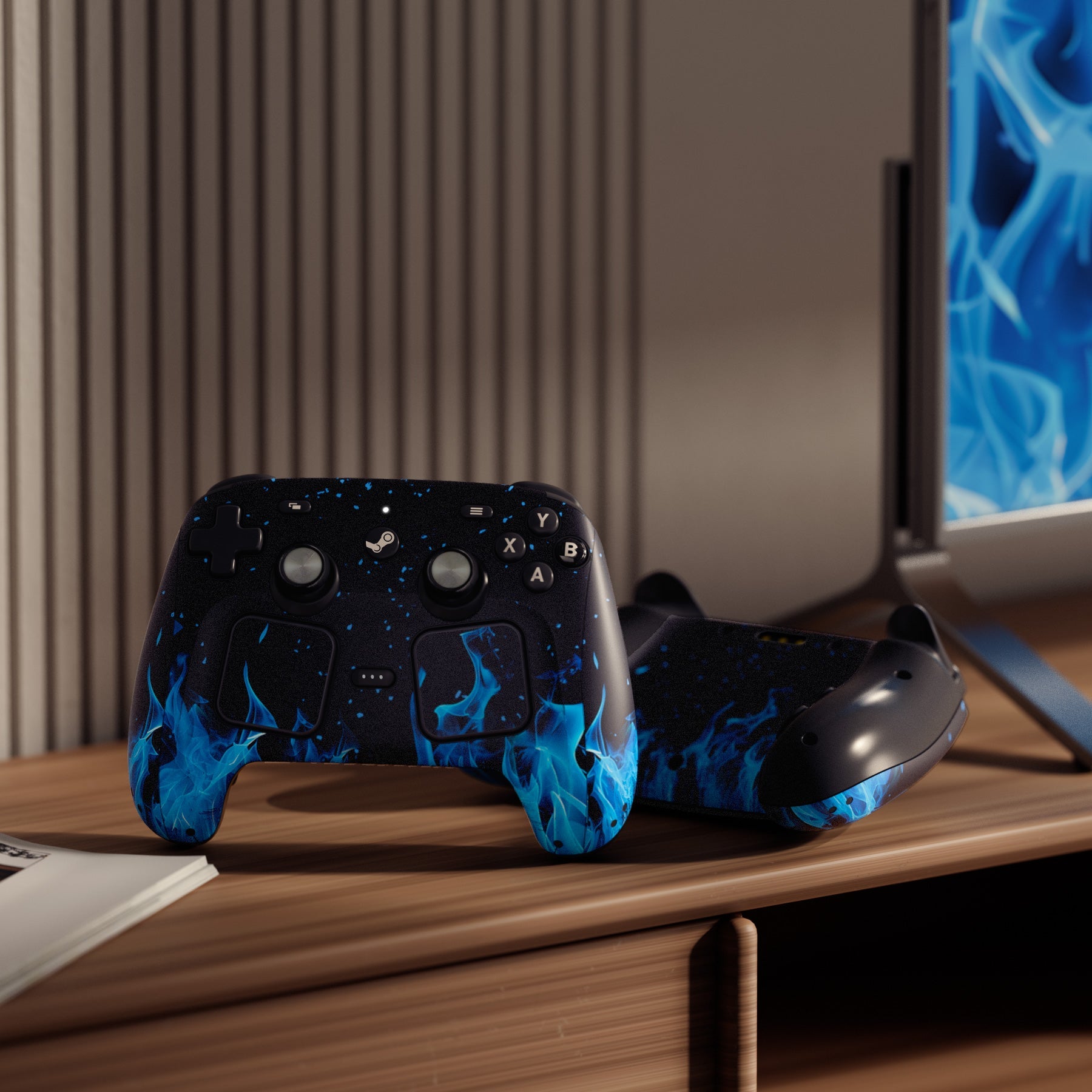 PlayVital for Steam Controller 2 Vinyl Skin (3-Pack), Scratch-Resistant, No-Residue Decal Stickers for Steam Controller Accessories – Blue Flame PlayVital