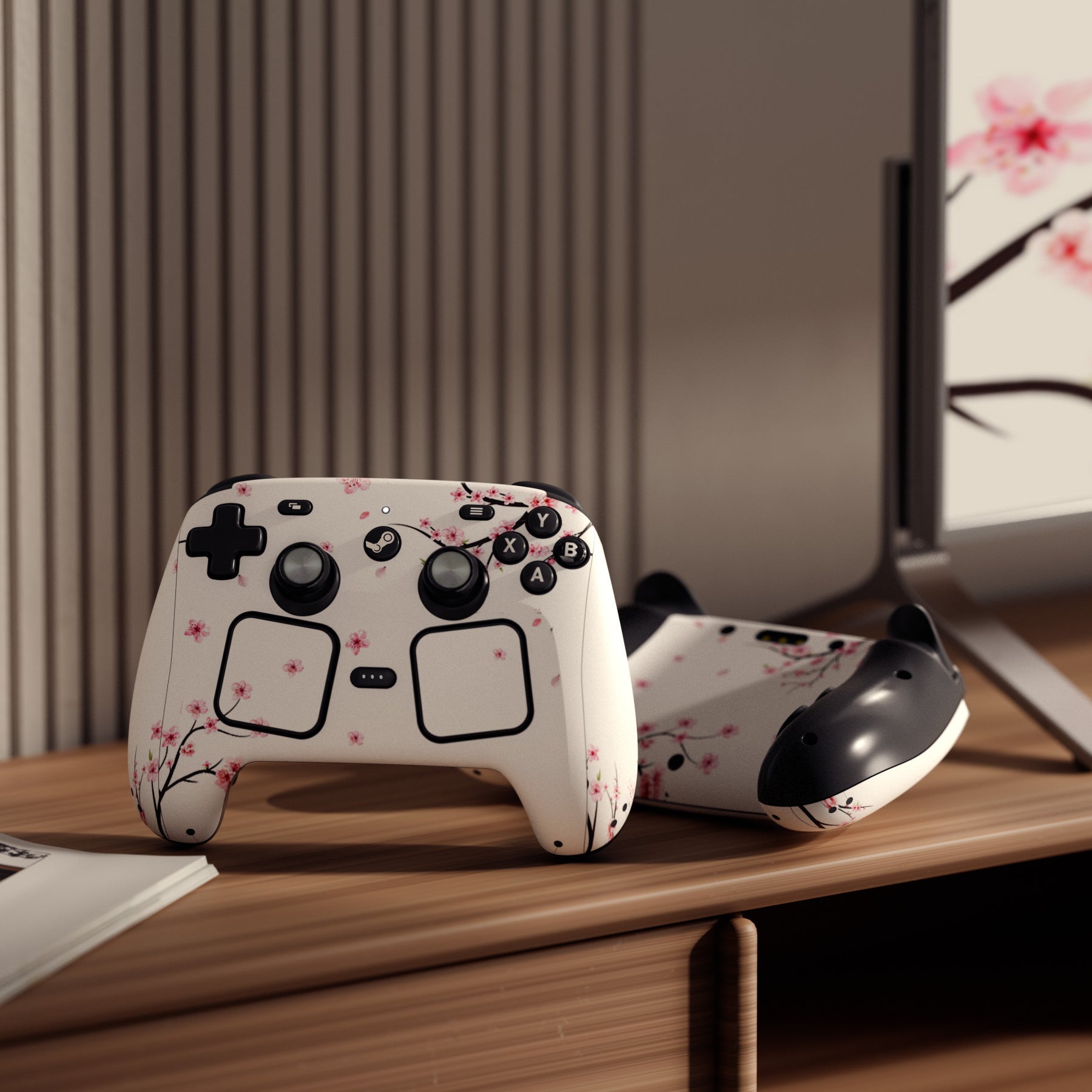 PlayVital for Steam Controller 2 Vinyl Skin (3-Pack), Scratch-Resistant, No-Residue Decal Stickers for Steam Controller Accessories – Falling Cherry Blossom PlayVital