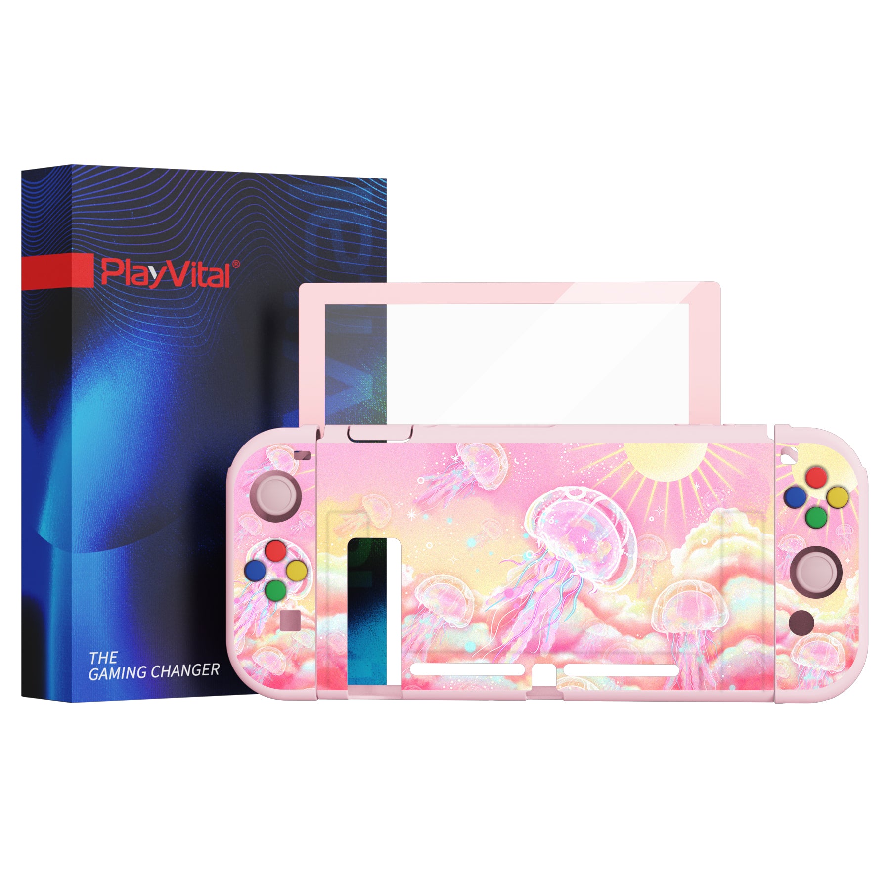 PlayVital ZealProtect Soft Protective Case for Nintendo Switch, Flexible Cover for Switch with Tempered Glass Screen Protector & Thumb Grips & ABXY Direction Button Caps - Pinky Jellyfish Heaven - RNSYV6025 playvital