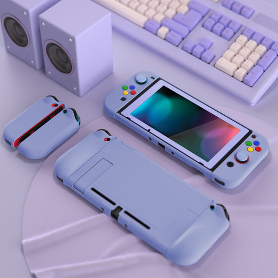 PlayVital AlterGrips Dockable Protective Case Ergonomic Grip Cover for Nintendo Switch, Interchangeable Joycon Cover w/Screen Protector & Thumb Grip Caps & Button Caps - Light Violet - TNSYP3008 playvital
